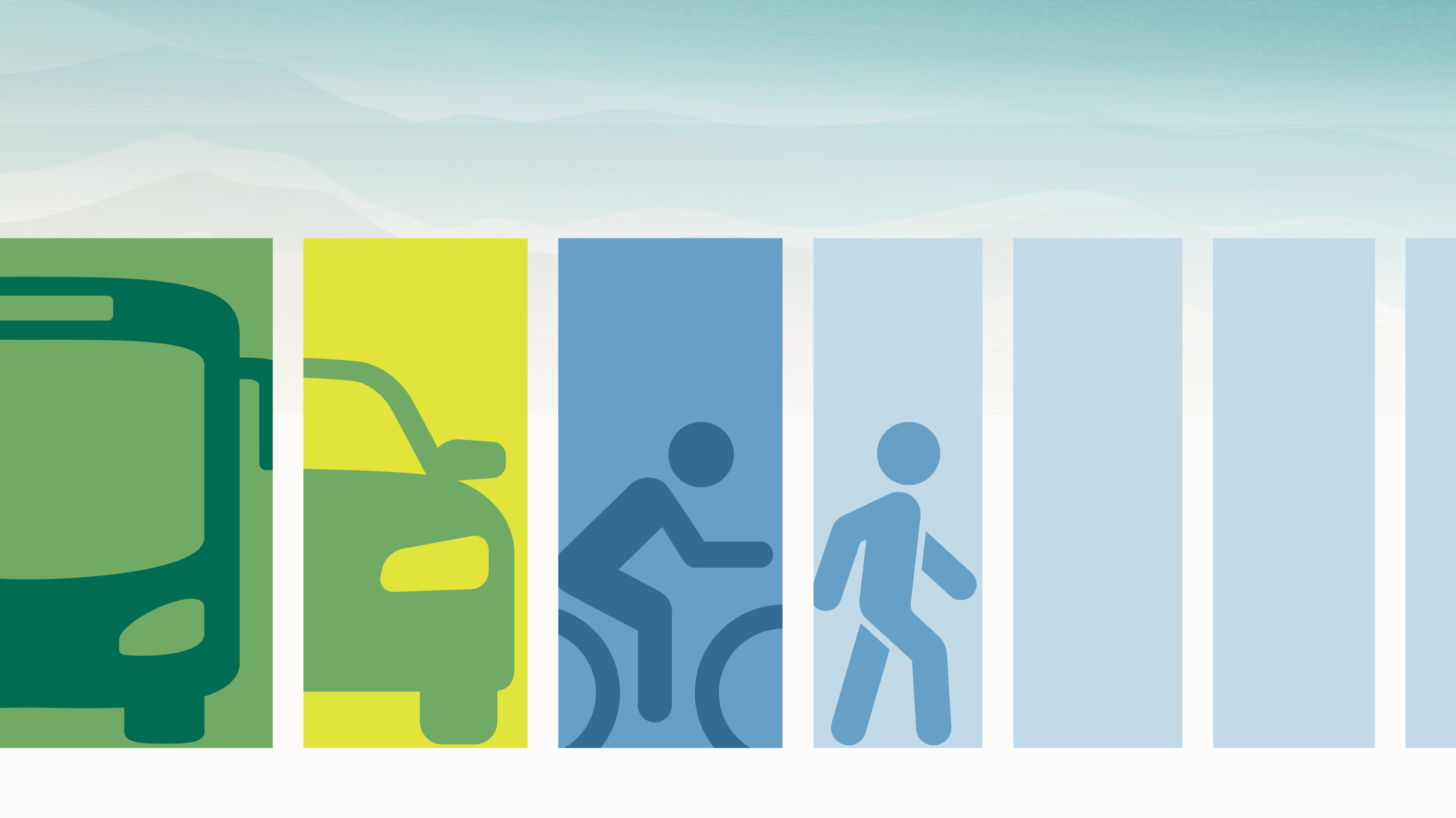 Six vertical panels each featuring a different transportation-related icon, including a bus, a coach, a scooter, a stroller, a person walking, and an elevator, set against a mountain and sky background.