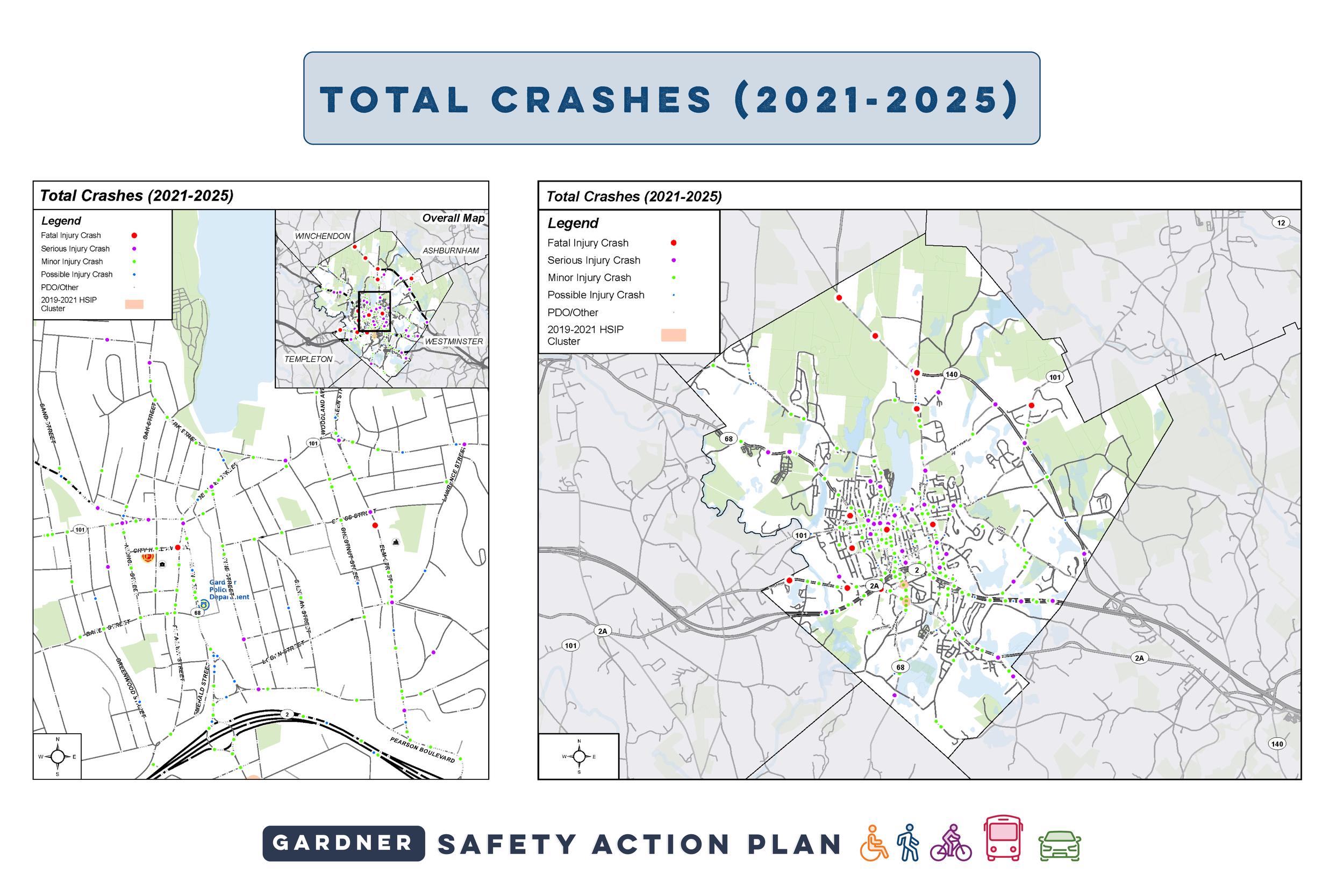 Map showing total crashes from 2021 to 2025 in Gardner with symbols indicating types of crashes, including fatal, serious, minor, and possible injury crashes, along with legend and safety icons at the bottom.