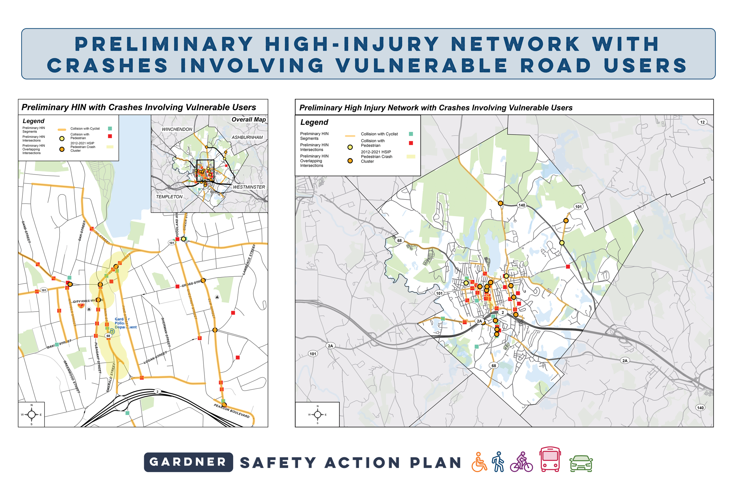 Map showing preliminary high-injury network segments and crash clusters involving vulnerable road users in Gardner, with various colored symbols indicating collision types, intersections, and crash data.