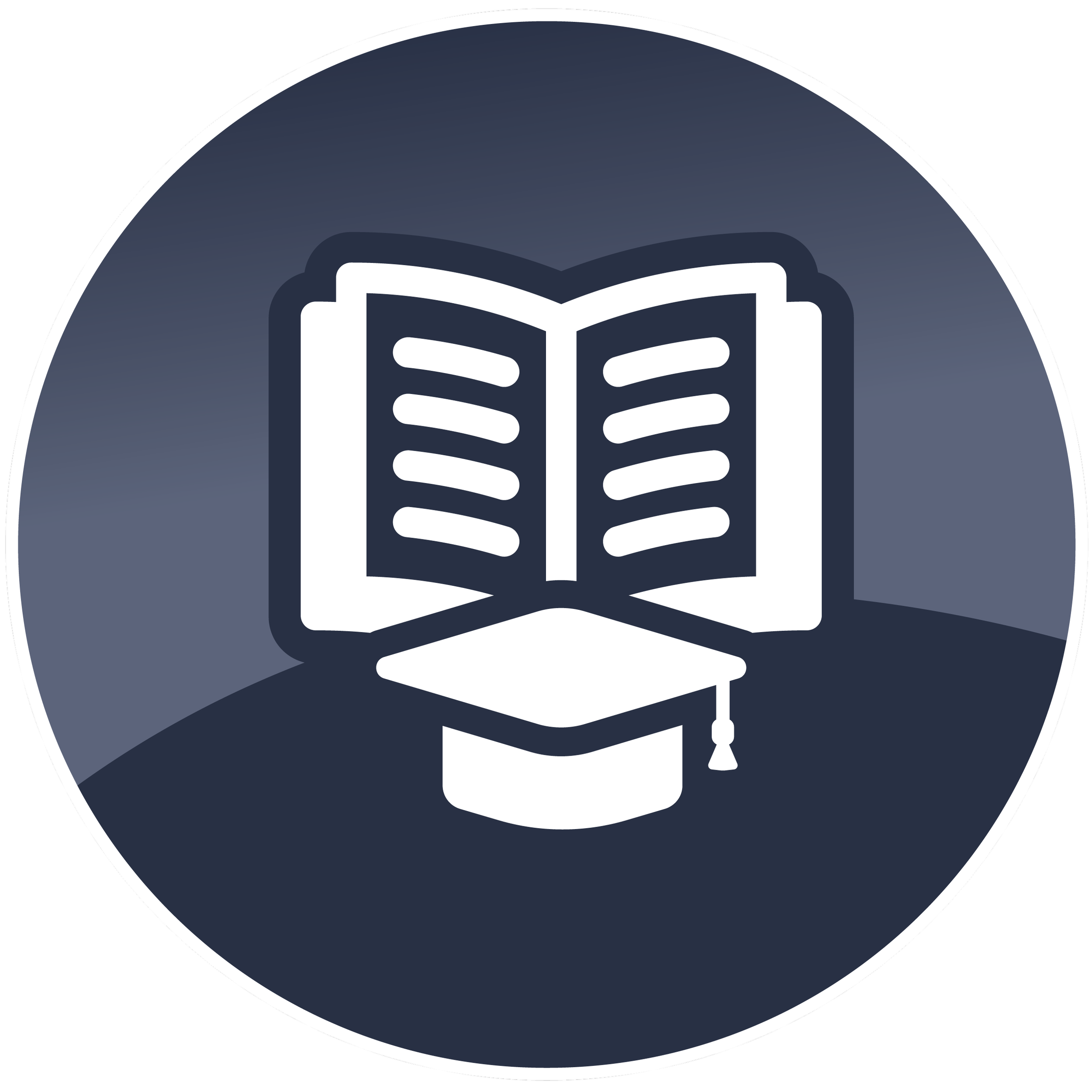 A circular icon with a dark background, featuring a stylized white open book and a graduation cap. The design suggests education or learning.