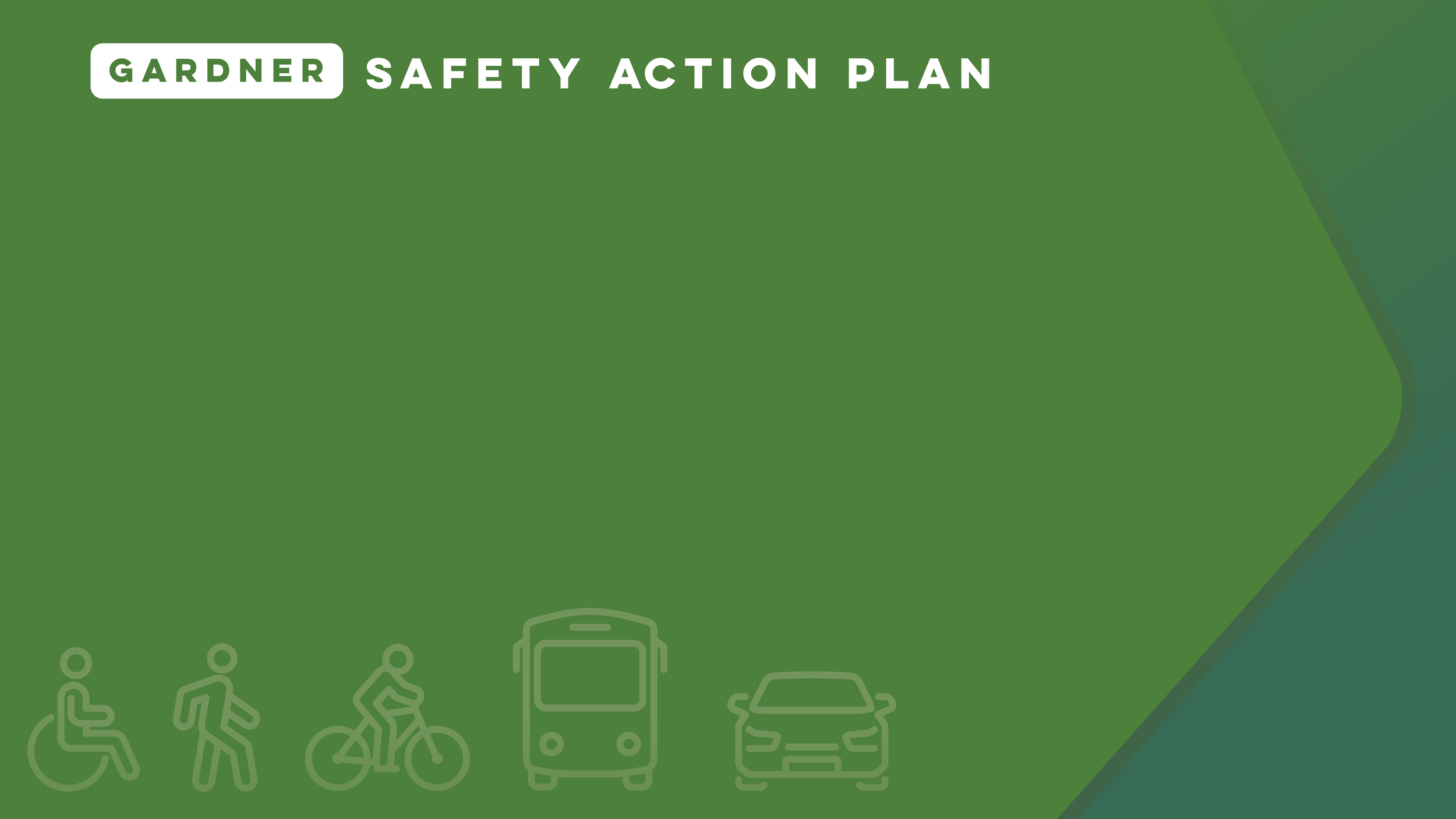 Cover page of Gardner safety action plan featuring icons of wheelchair users, cyclists, a bus, and a car on a green background.