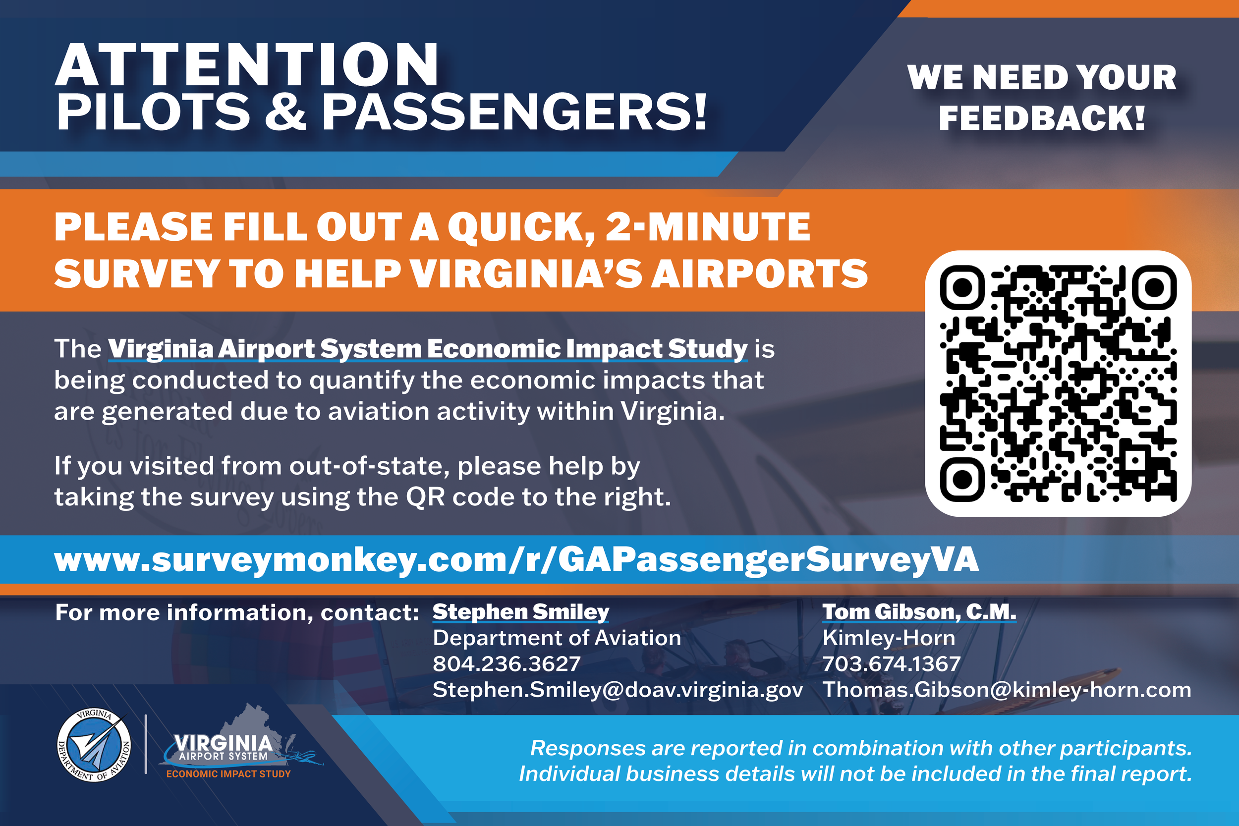Flyer for Virginia Airport System economic impact survey requesting feedback from pilots and passengers with a QR code and contact information.