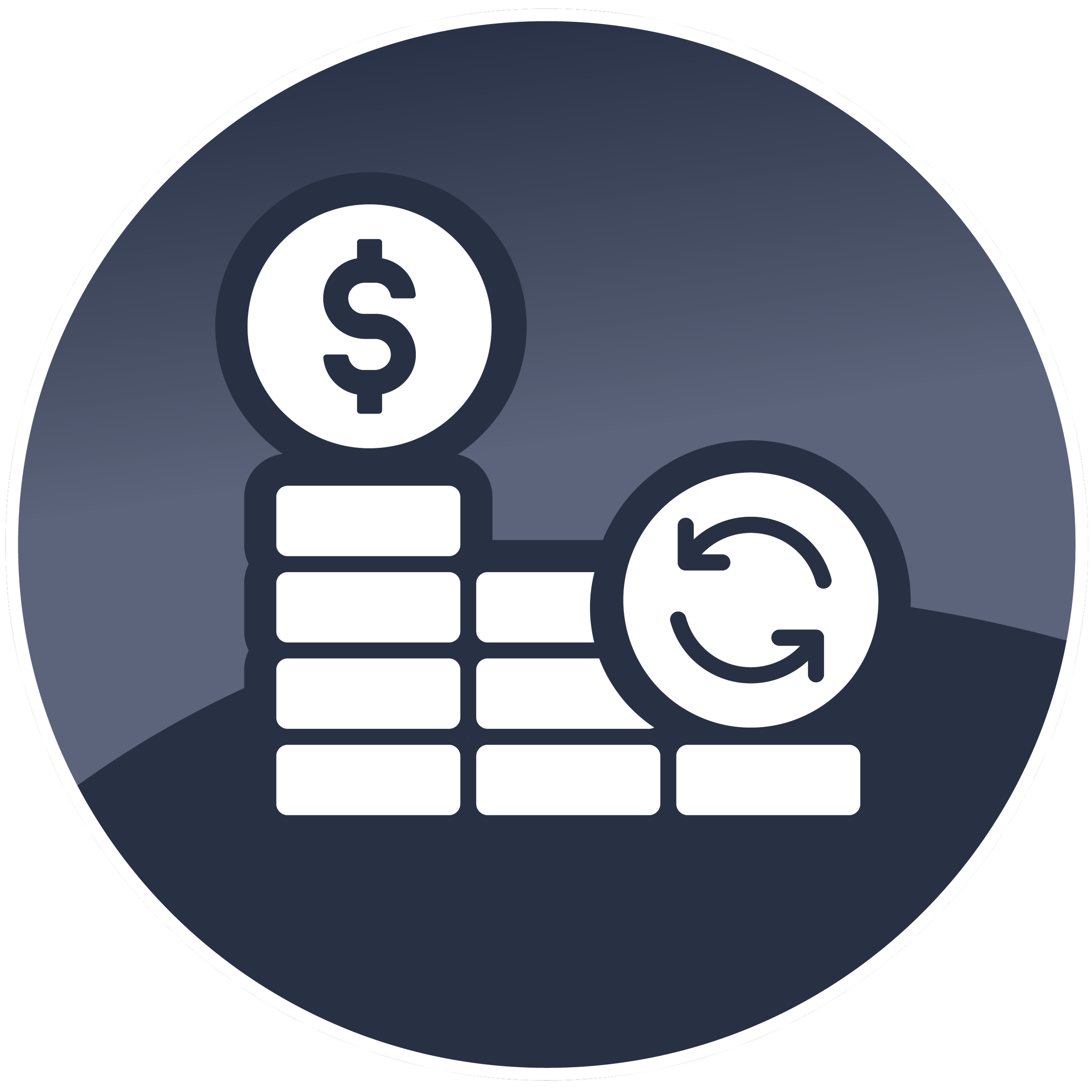 Stylized dark blue and gray icon of a person with a dollar sign on the head, overlapping with other financial or business icons on a dark background.