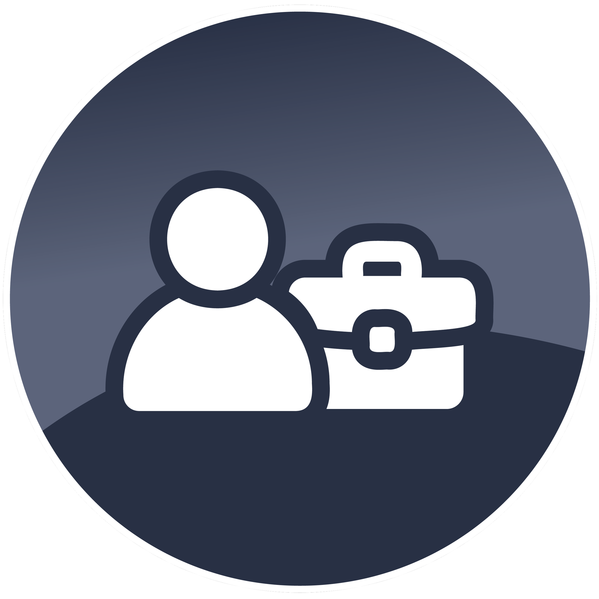 Close-up of a black and white icon representing a person with a suit, shield, and briefcase, symbolizing security, business, or protection.