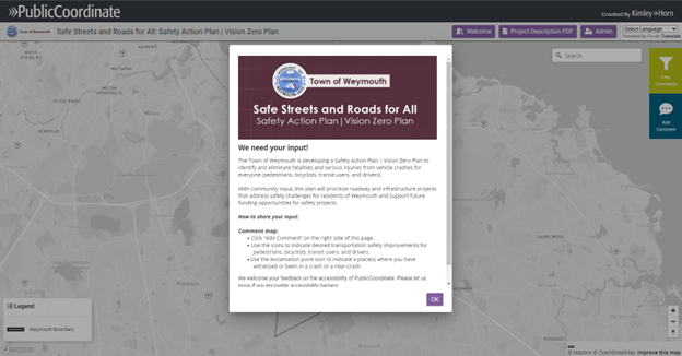 Overlay window on a map for the Town of Weymouth's Safe Streets and Roads for All, Safety Action Plan, Vision Zero Plan.