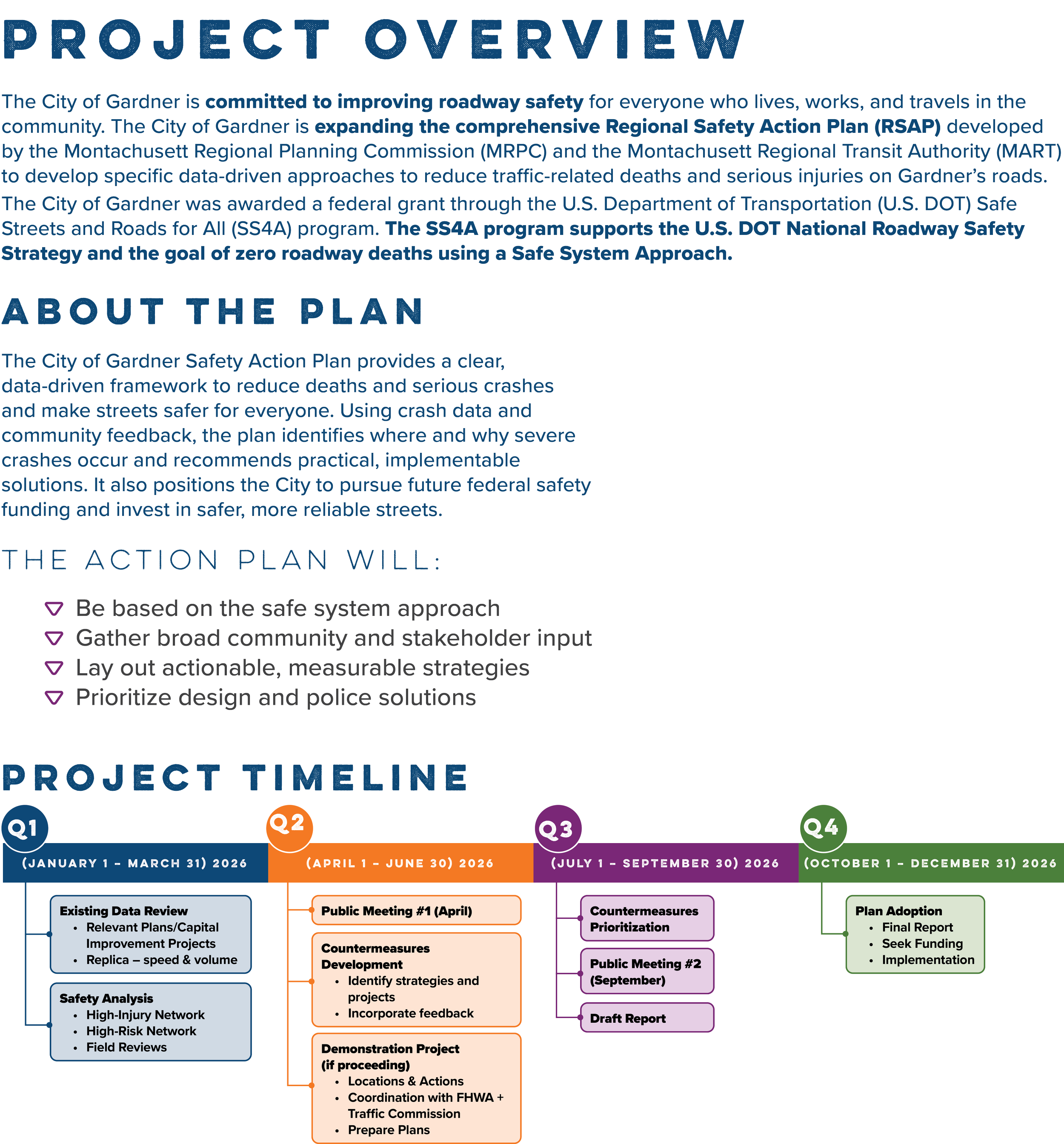 The image shows a project timeline with phases from January to December 2026, including key activities such as data review, public meetings, countermeasures development, and plan adoption, color-coded by time periods.