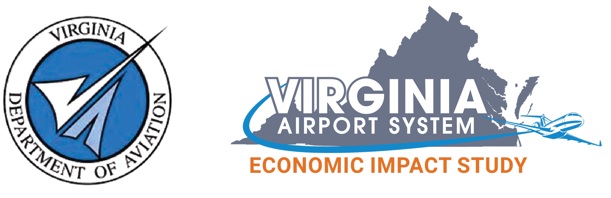 Virginia Airport System logo featuring a map of Virginia, a mountain silhouette, an outline of an airport, and a tonk you're not sure what it is, with text indicating it's an economic impact study by the Virginia Department of Aviation.