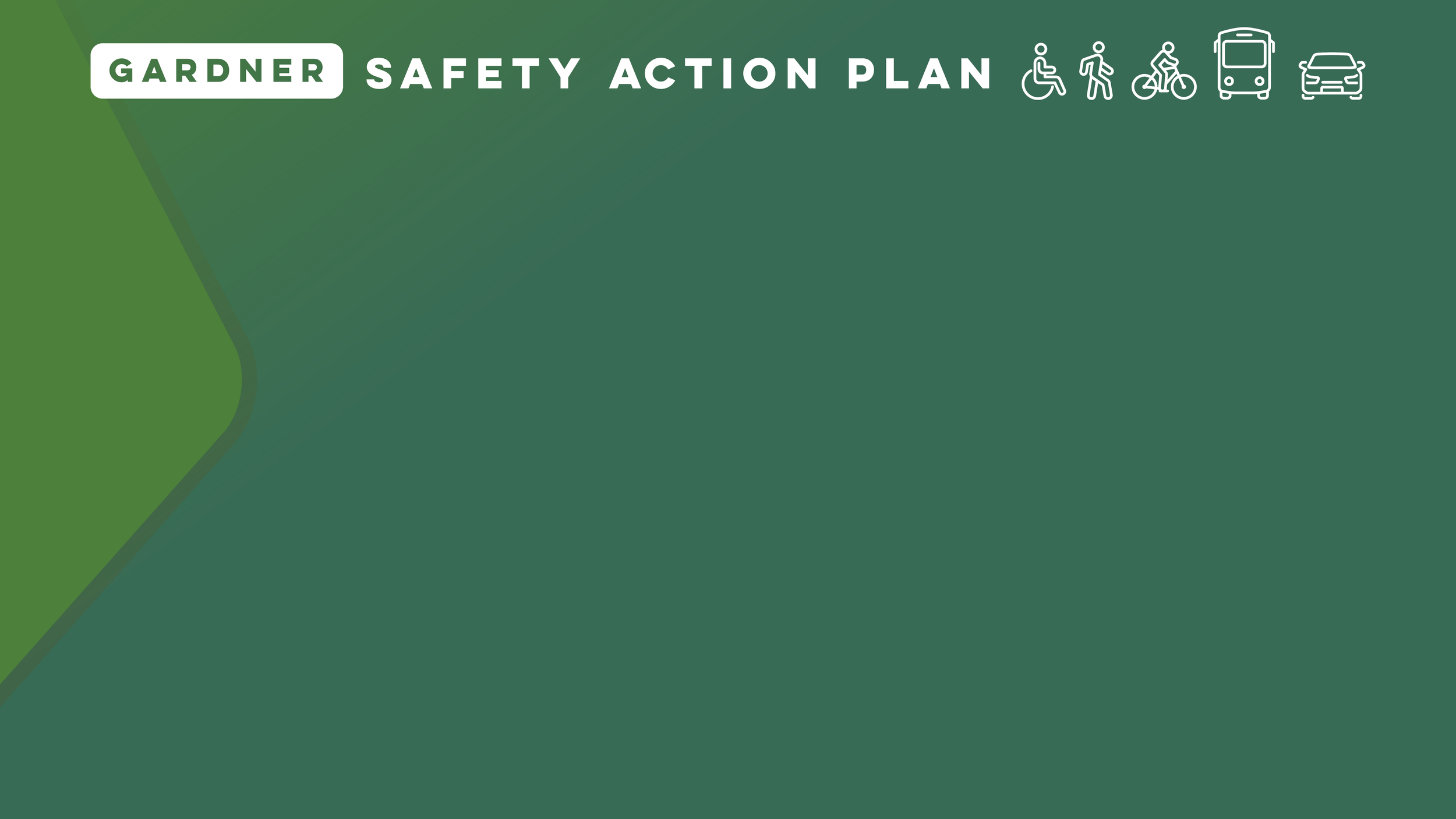 Green safety action plan poster for Gardner with icons representing accessibility, walking, cycling, bus, and car.