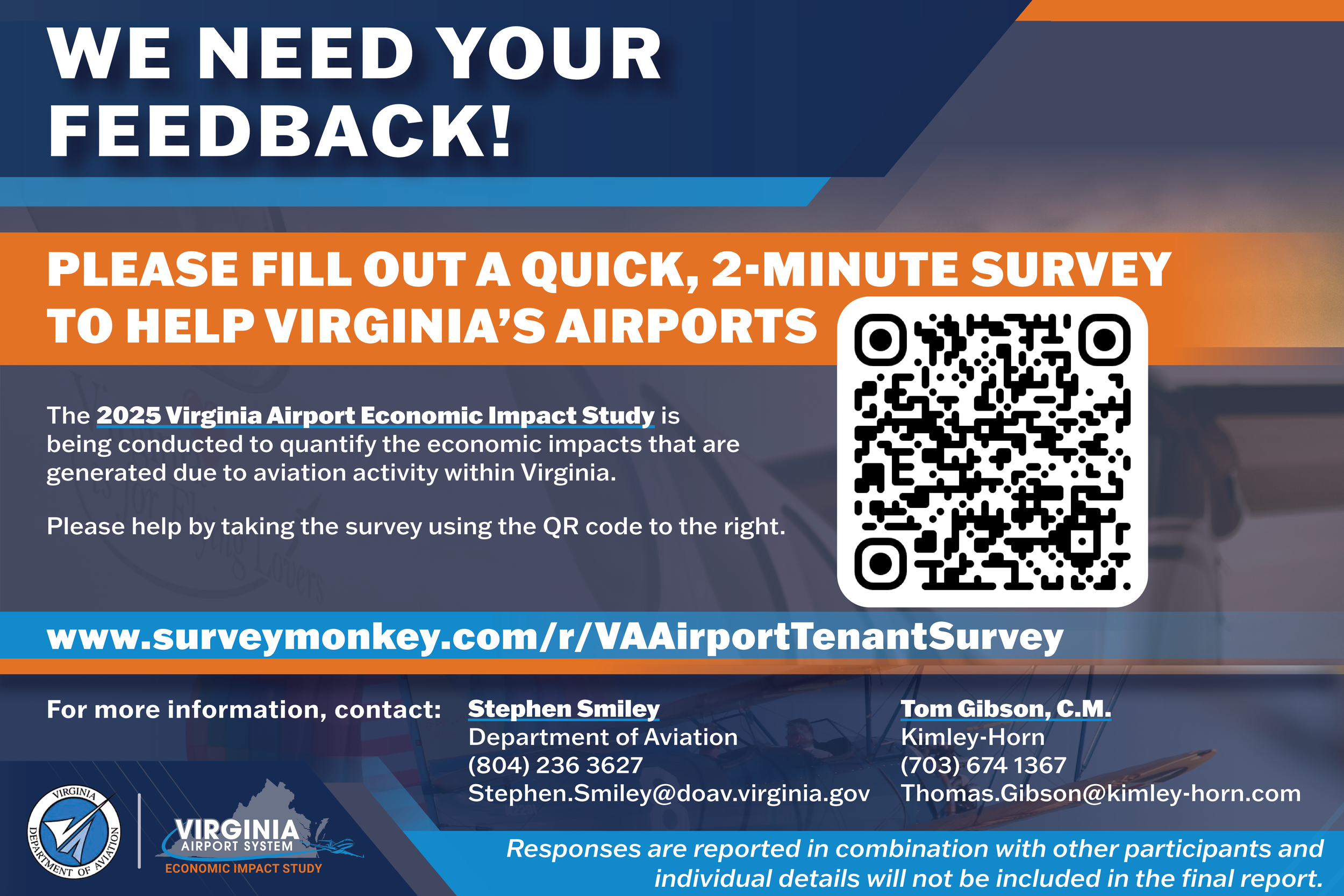A survey invitation poster asking for feedback on Virginia's airports with a QR code to scan, logos of Virginia Department of Aviation and Virginia Airport System, contact names and information for Stephen Smiley and Tom Gibson, and a website URL.