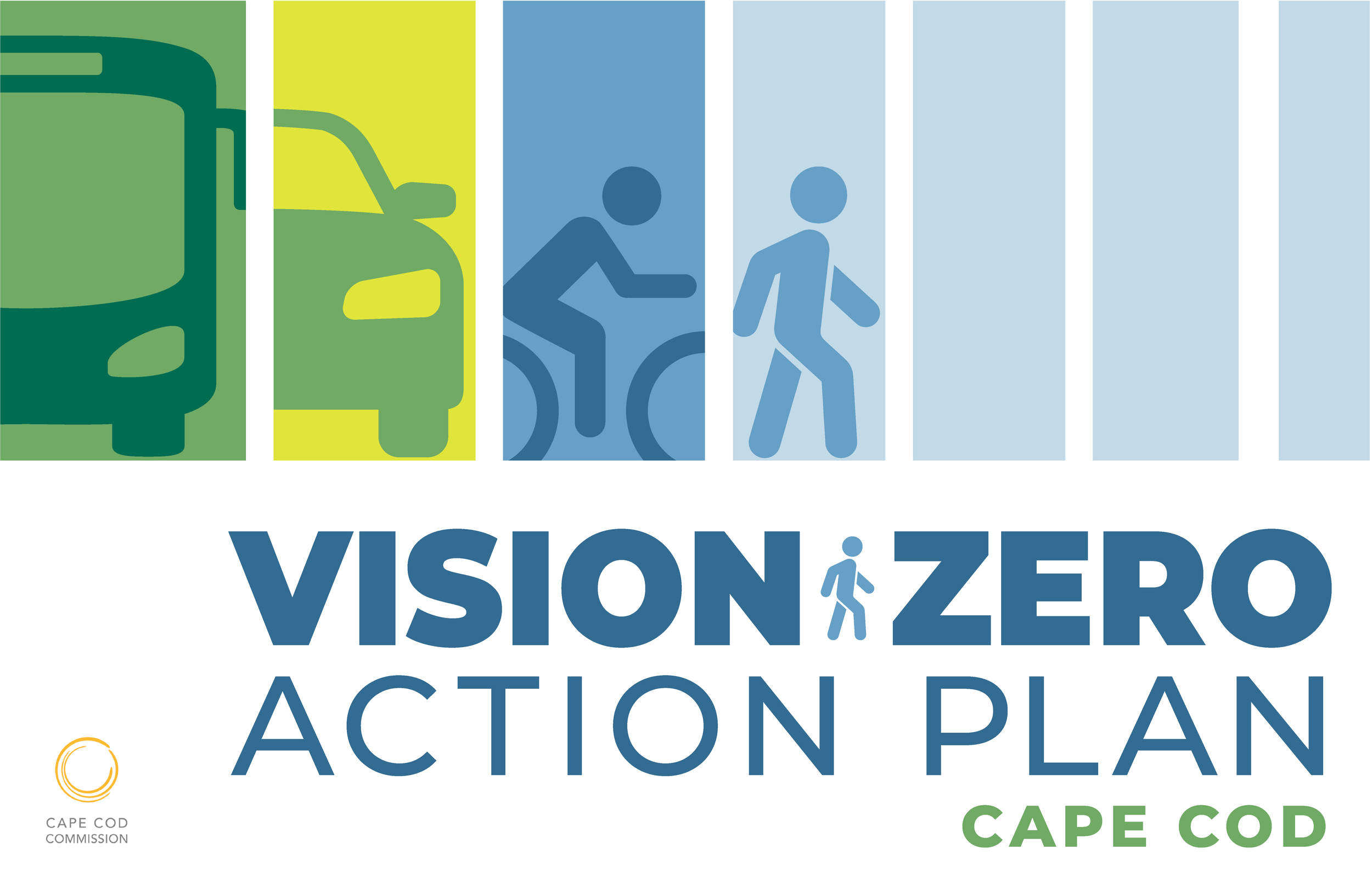 A graphic of a bus on the left side, with icons of people walking and in wheelchairs above the words 'VISION ZERO ACTION PLAN.' The text mentions Cape Cod Commission and Cape Cod.