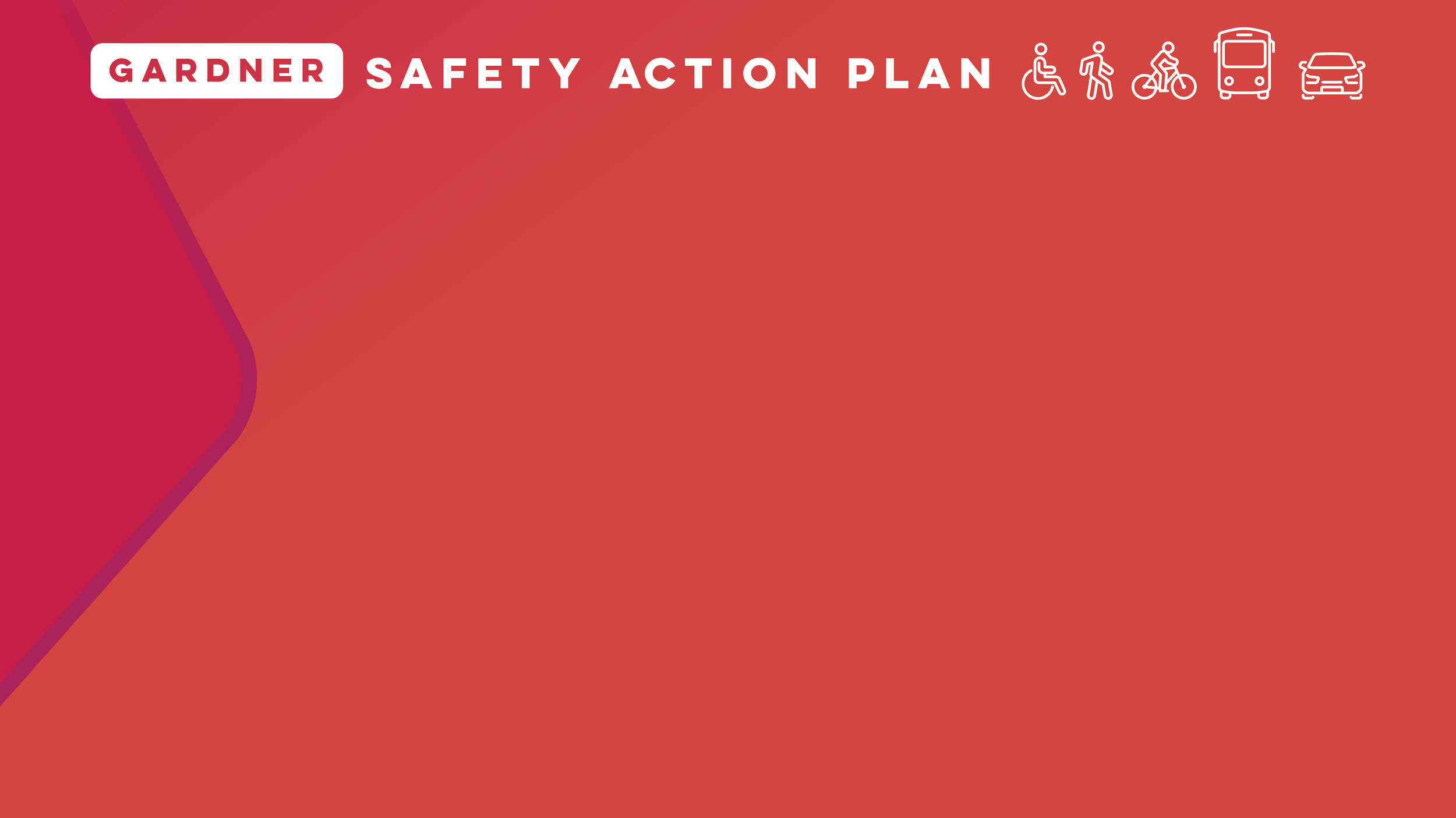 Red and orange gradient background with white icons of a person in a wheelchair, a walking person, a cyclist, a bus, and a car at the top right. Title text reads 'GARDNER SAFETY ACTION PLAN'.