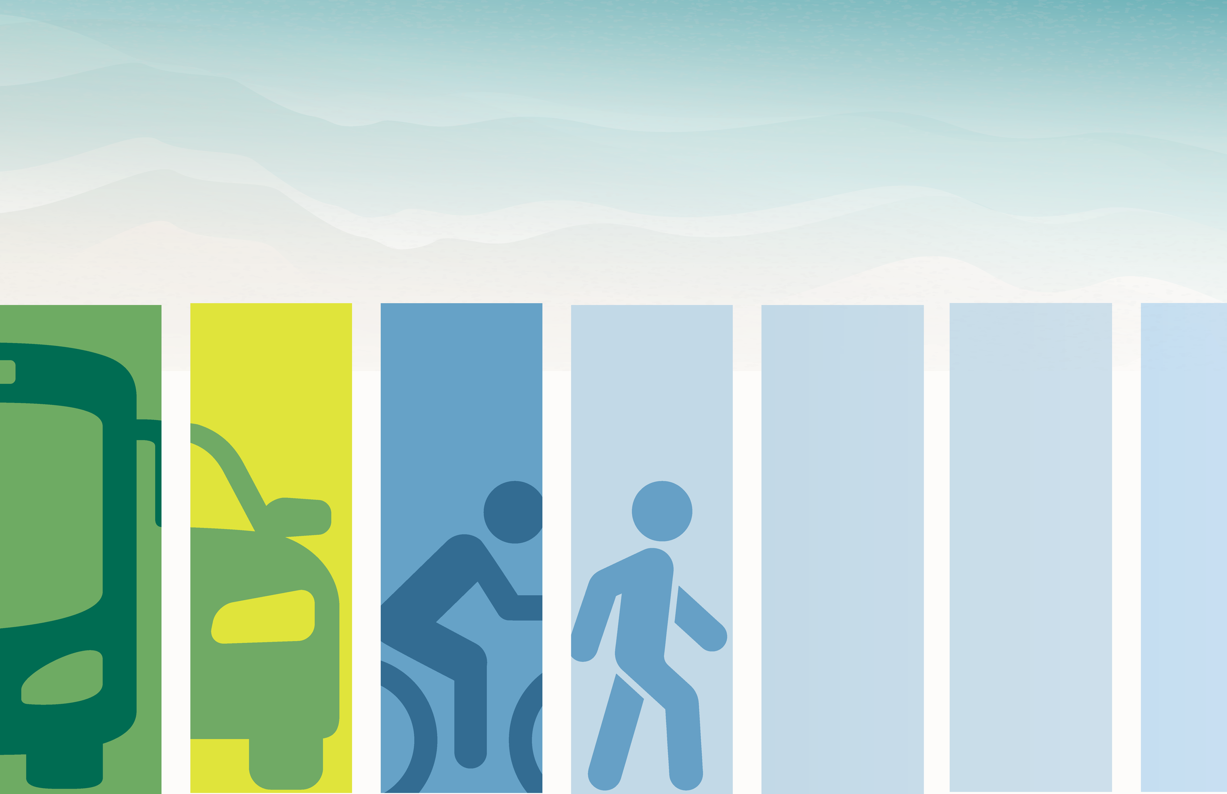 Colorful posters of a beverage bottle, a person walking, and other objects, displayed against a bright background.