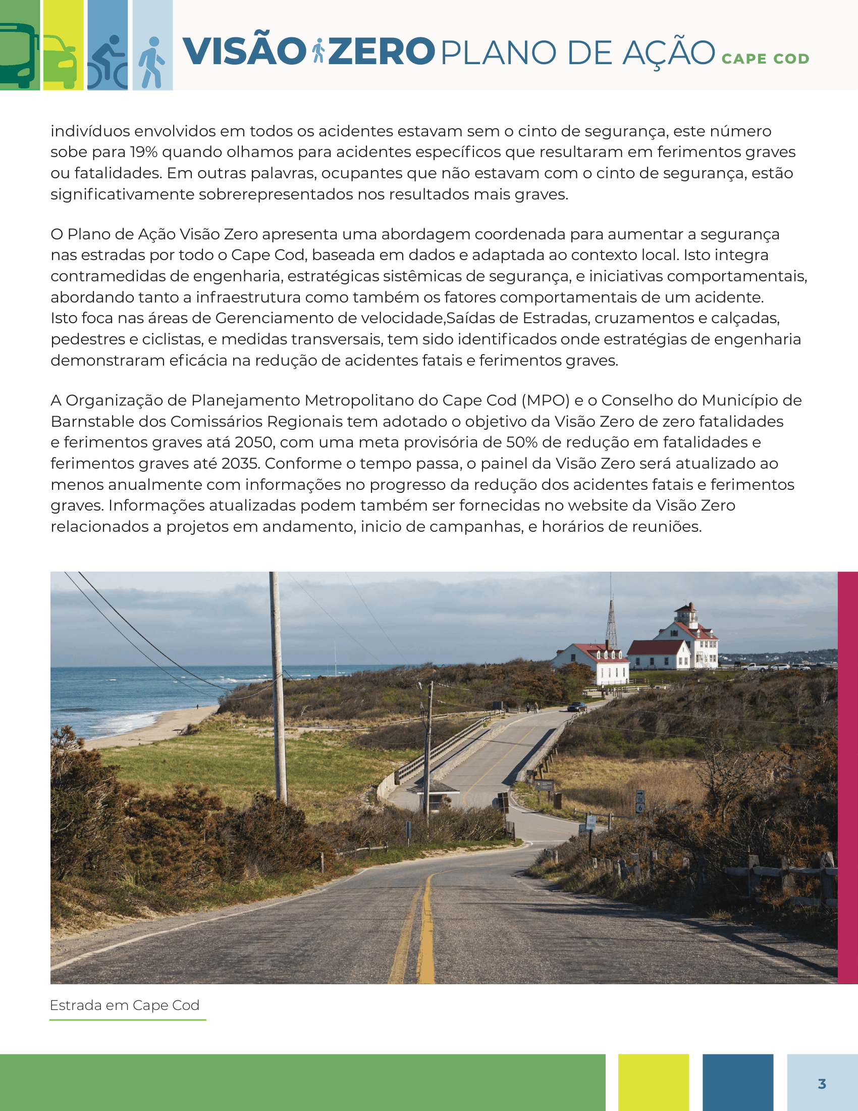 Photo of a coastal road in Cape Cod with houses and a lighthouse in the background, along the ocean shoreline.