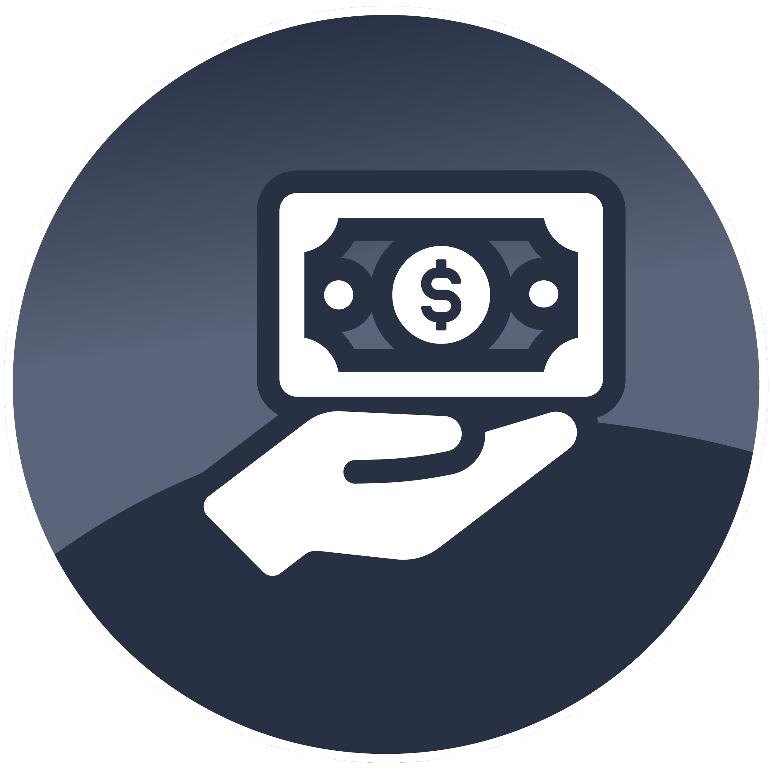 Close-up of a circular icon with a hand holding money, featuring a dollar sign and currency notes.