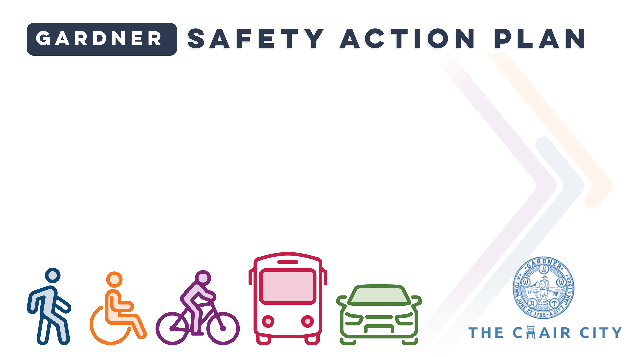 Gardner Safety Action Plan cover page with icons of walking, wheelchair, cycling, bus, and cars, and the Gardner city seal at the bottom right.