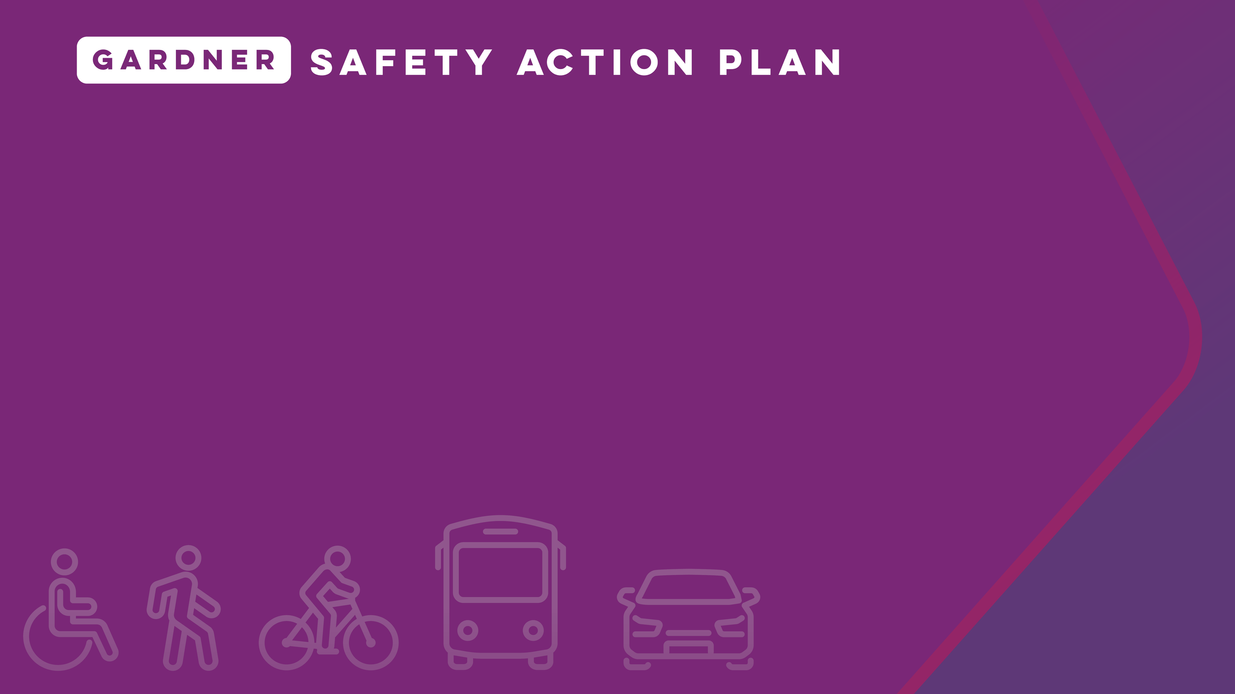 Purple background with white text reading "GARDNER SAFETY ACTION PLAN" and icons of people in wheelchairs, a bicycle, a bus, and a car at the bottom.