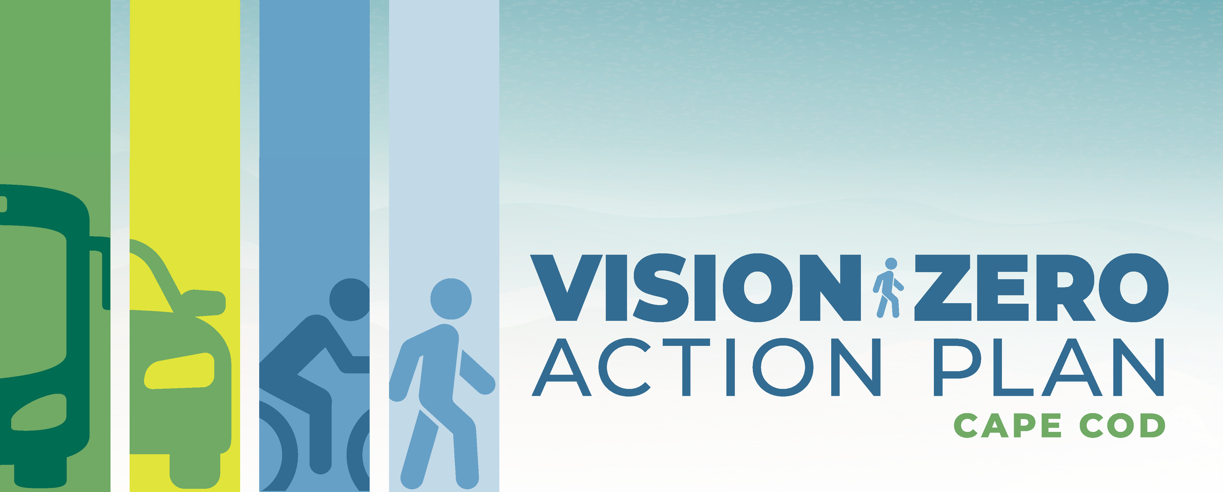 Logo and text for the Vision Zero Action Plan by Cape Cod, featuring stylized icons of a bicycle, car, and pedestrians, with a blue and green color scheme.