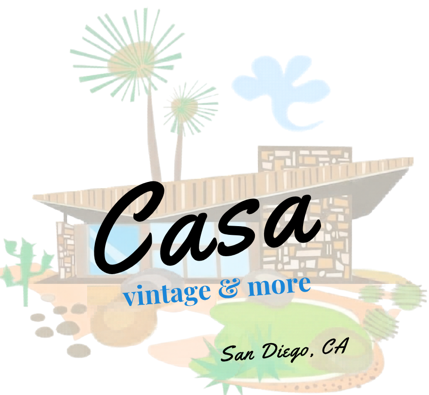 Logo for Casa vintage and more, a store in San Diego, CA, featuring illustrations of a house, palm trees, a cactus, and a golf course, with text in black and blue.