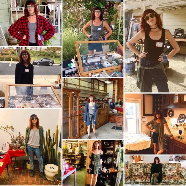 Collage of a woman with red hair wearing various outfits, in different indoor and outdoor settings, including a market stall, a garage sale, a kitchen, and a living room.