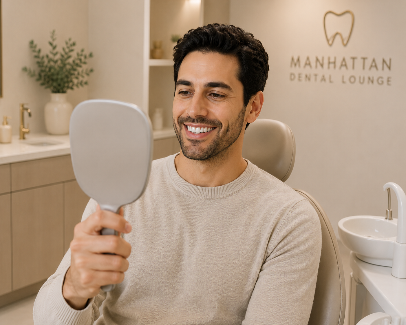 Man smiling Holding Mirror