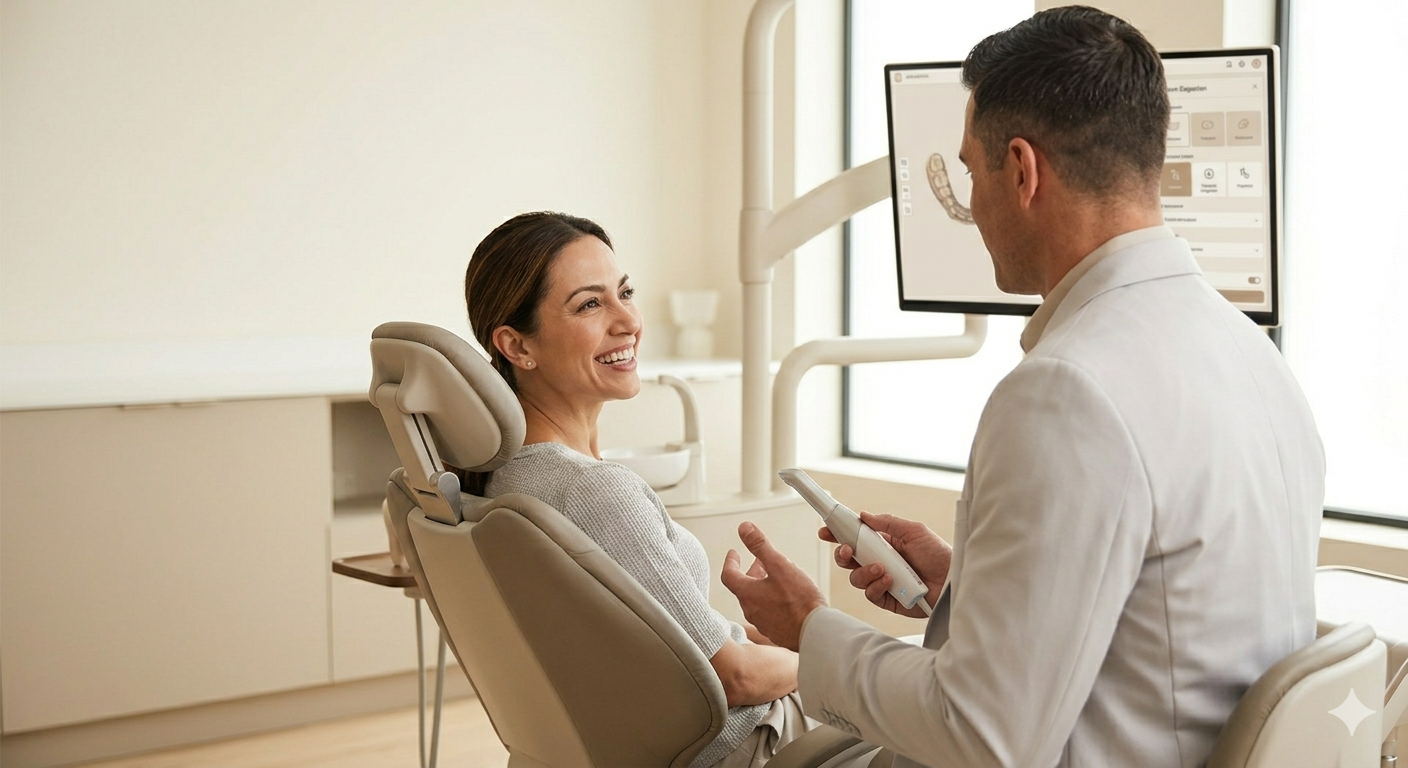 Picture of woman smiling and speaking to dentist