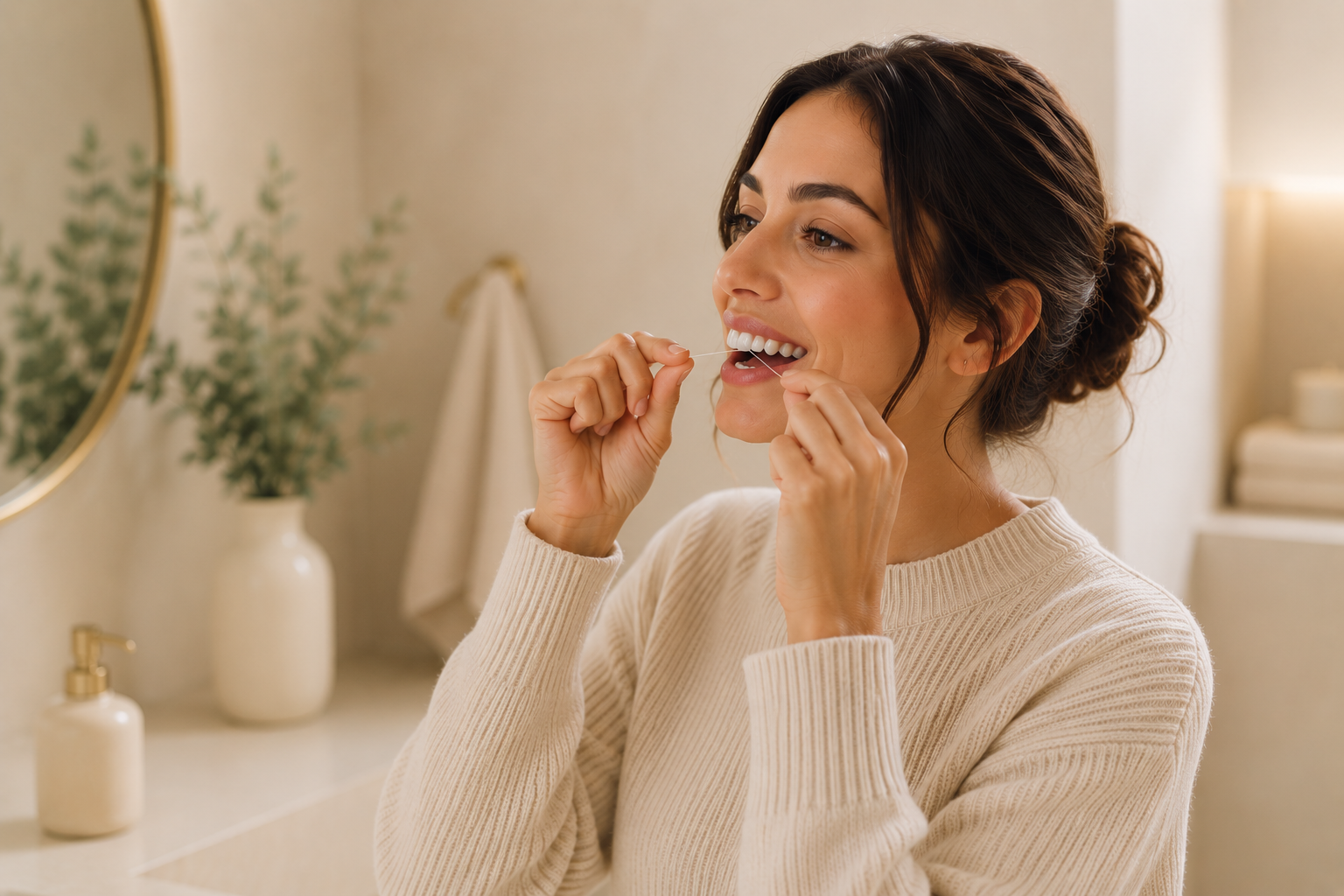 Woman Flossing showing proper oral hygiene