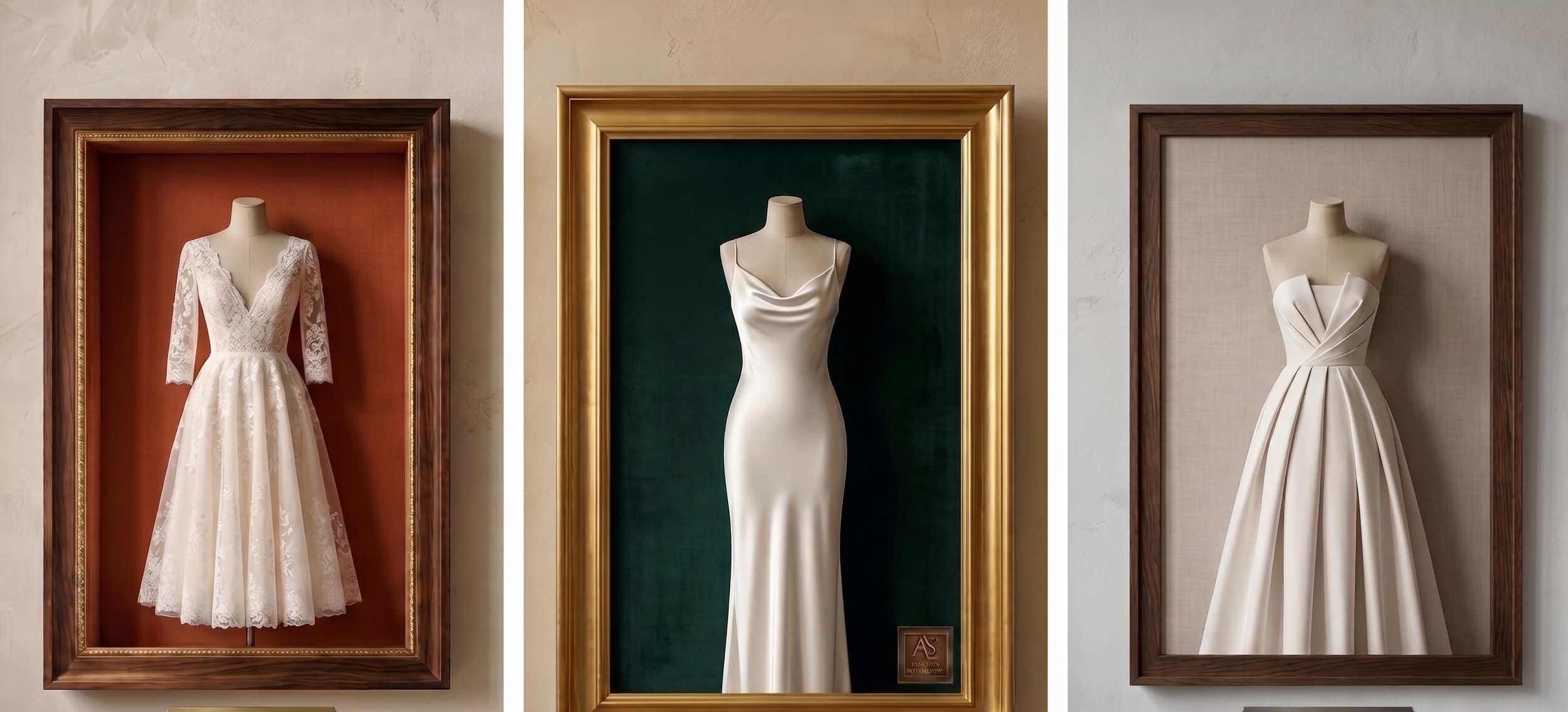 cadre pour robe de mariée, écrin robe de baptême, vitrine sur mesure vêtement ancien. écrin robe de mariée