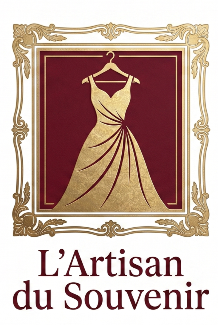 Une illustration d'une robe de bal dorée suspendue sur un cintre, encadrée par un cadre ornemental, avec le texte 'L'Artisan du Souvenir' en dessous.