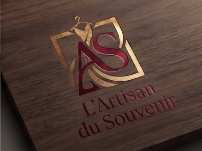 Logo gravé en relief avec un cintre, les lettres AS en rouge, et le texte 'L'Artisan du Souvenir' en dessous.
