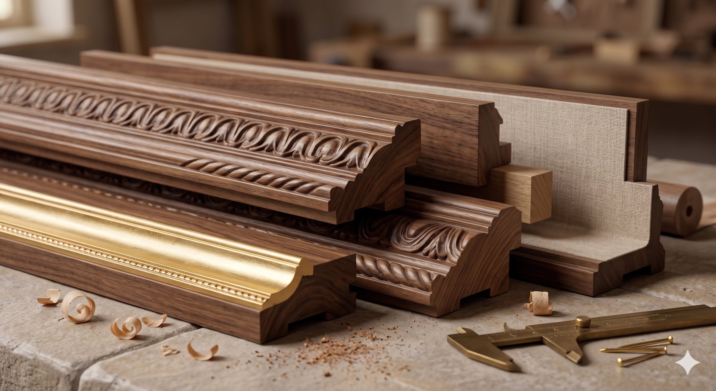 Pièces de moulures en bois sculpté, some with gilded details, posées sur une surface en pierre, outils de menuiserie et copeaux de bois autour.