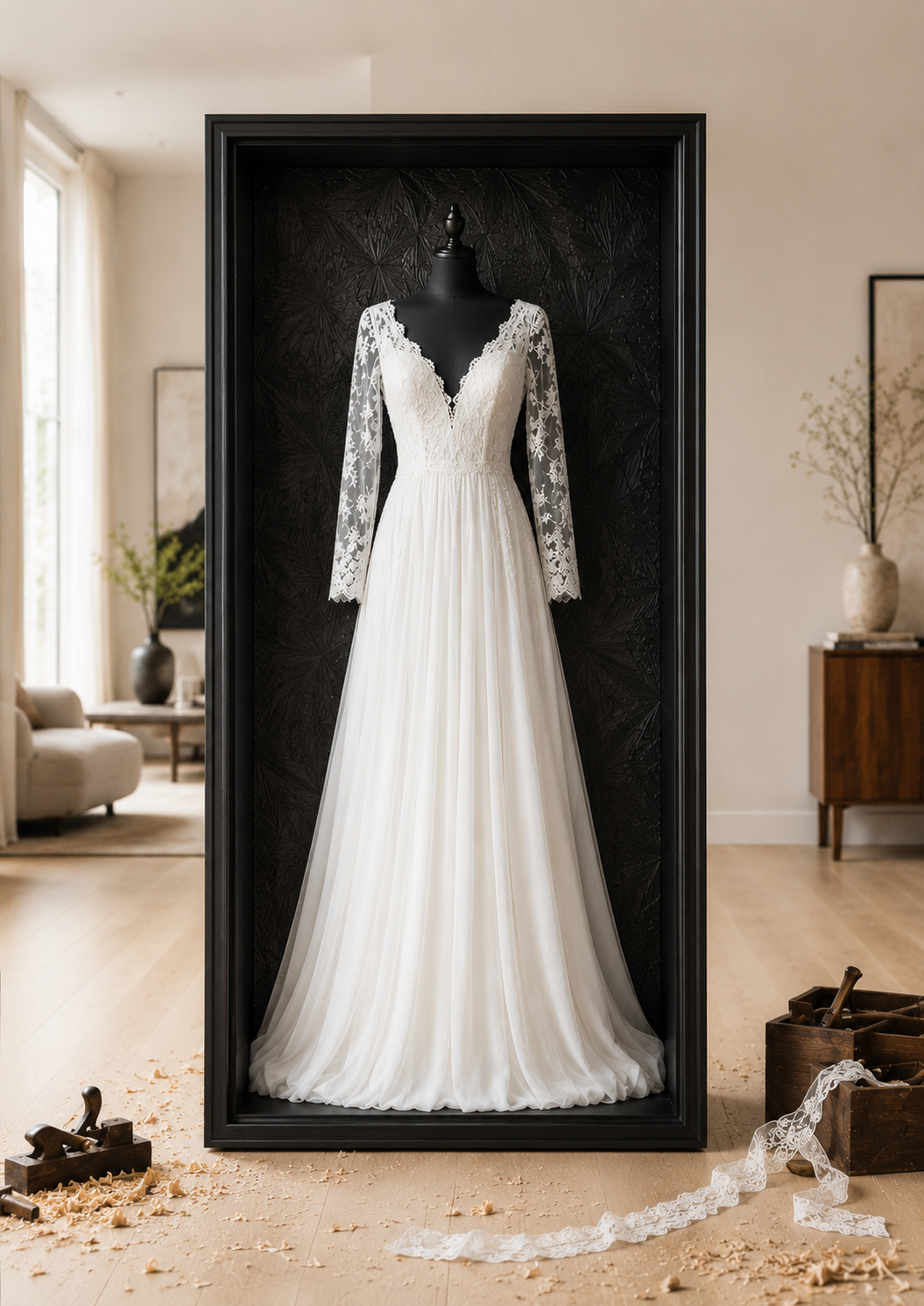cadre pour robe de mariée, écrin robe de baptême, vitrine sur mesure vêtement ancien. écrin robe de mariée