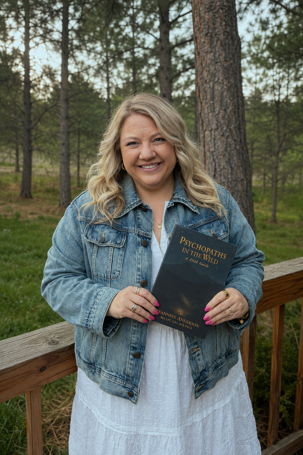 A smiling woman with blonde curly hair holding a book titled 'Psychopaths in the Wild: A Field Guide' outdoors on a wooden railing, surrounded by trees and greenery.