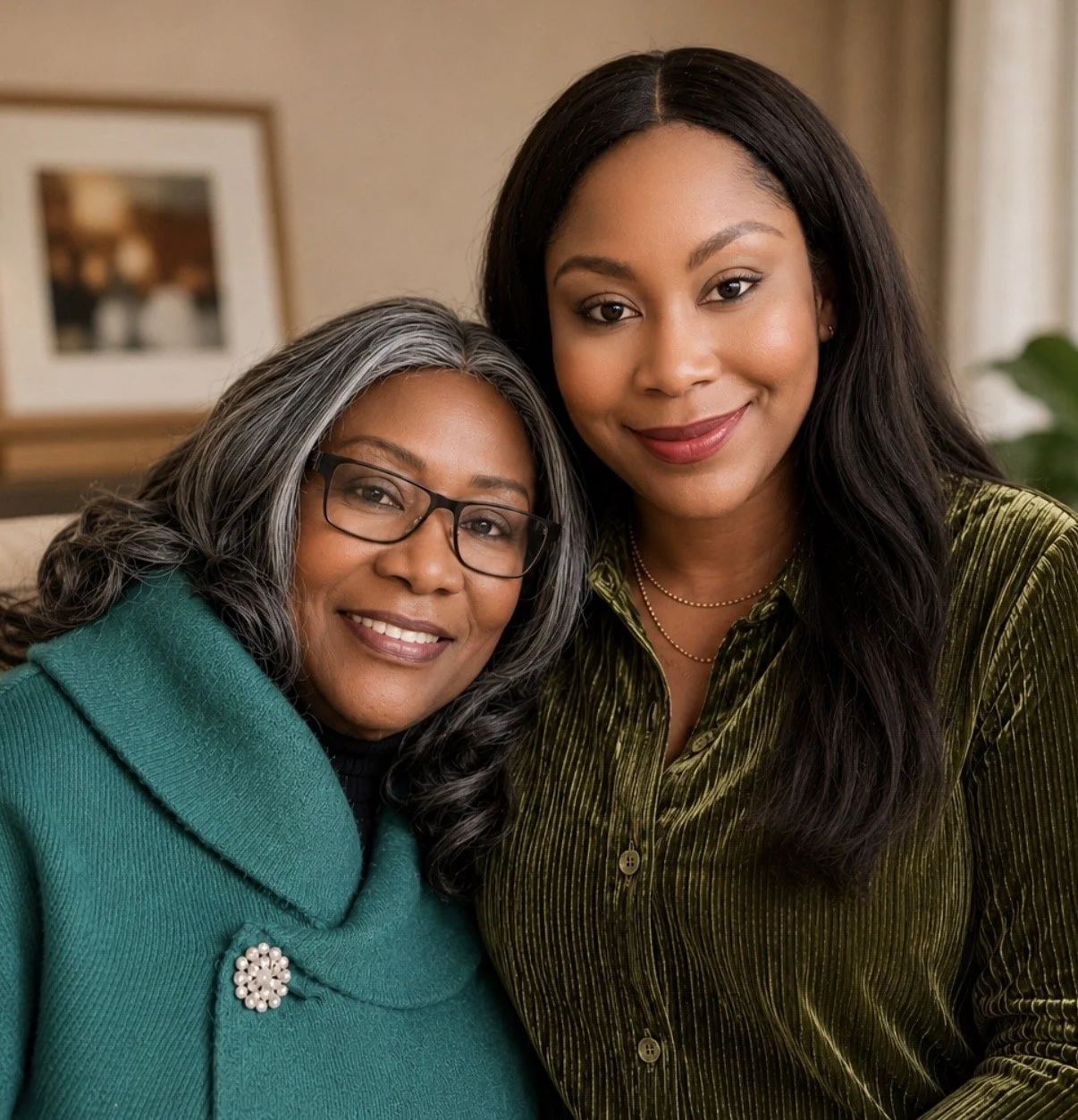 Two women smiling and standing close together in a warmly lit room, one older with gray hair and glasses, and the other younger with long dark hair, both looking at the camera.