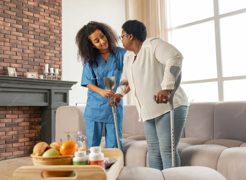 A nurse assists an elderly woman with crutches in a living room, with a tray of vitamins and a bowl of fruit on a table nearby.