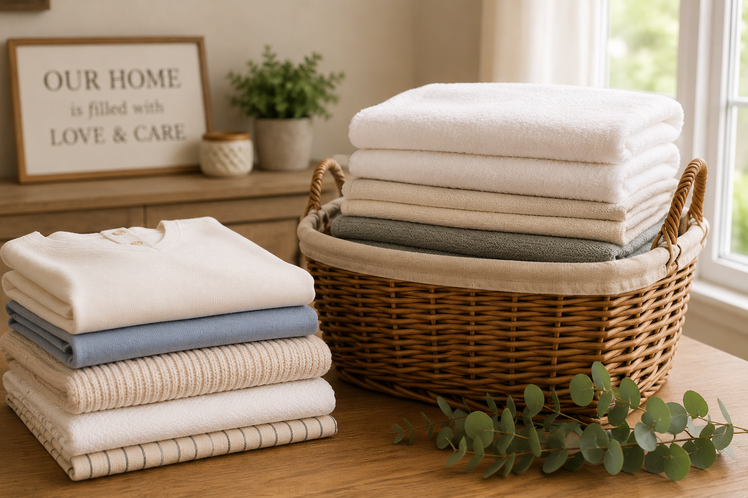Stacked neatly folded towels and clothes on a wooden table, with a wicker basket full of folded towels in a cozy room with sunlight coming through a window, and a framed sign and potted plant in the background.