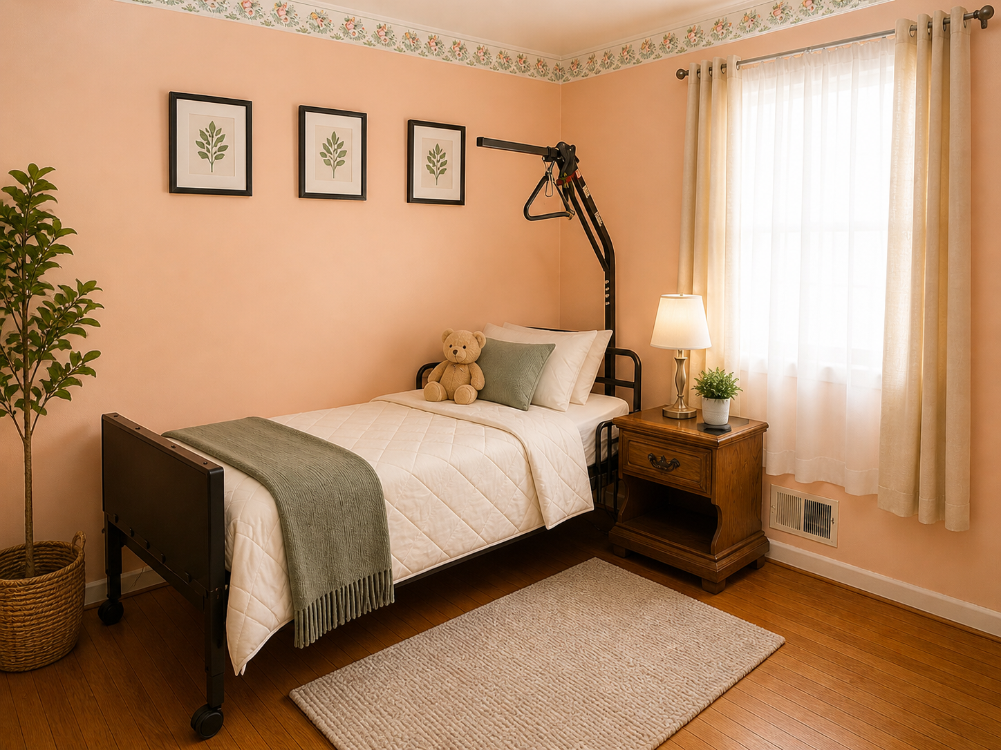 A cozy bedroom with peach walls, a single bed with white bedding, a teddy bear, and a green pillow, a wooden nightstand with a lamp and plant, a window with cream curtains, a small beige rug, a framed leaf print, and a tall potted plant.