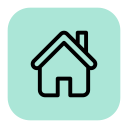 Icon of a house with a chimney, depicted as a simple black outline on a teal background.