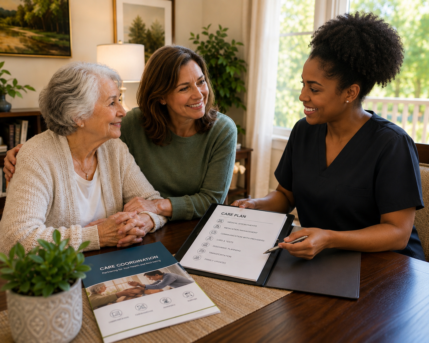 A healthcare professional discusses a care plan with an elderly woman and a middle-aged woman. The professional holds a pen and points to a clipboard with a care plan, while the women look on and smile. The setting is a bright, cozy room with houseplants, framed artwork, and a window letting in natural light.