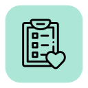 Clipboard with checkboxes and a heart icon at the bottom right