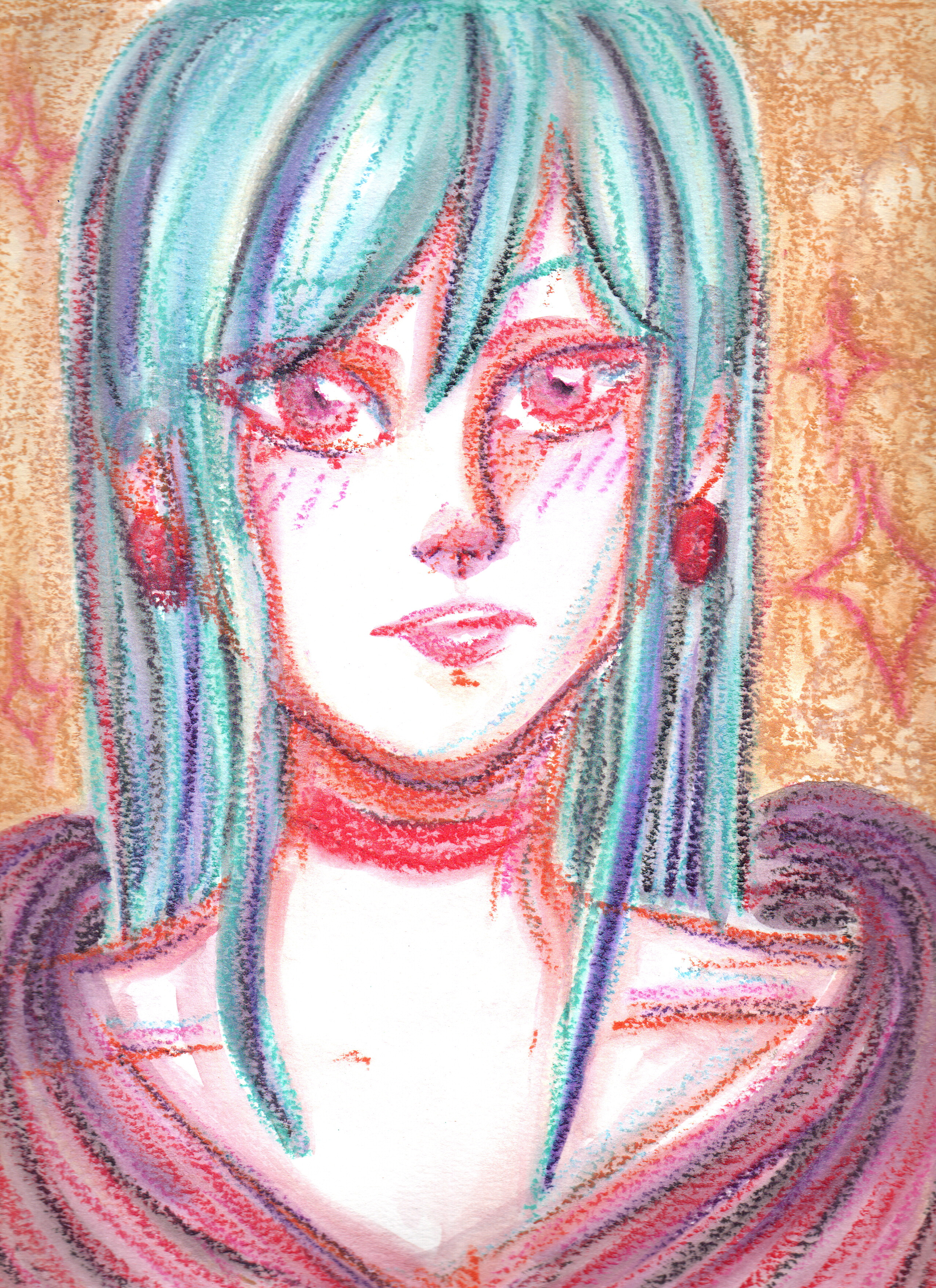 A colorful drawing or painting of a woman's face with long, flowing hair in shades of blue, purple, pink, and red, and wearing earrings.