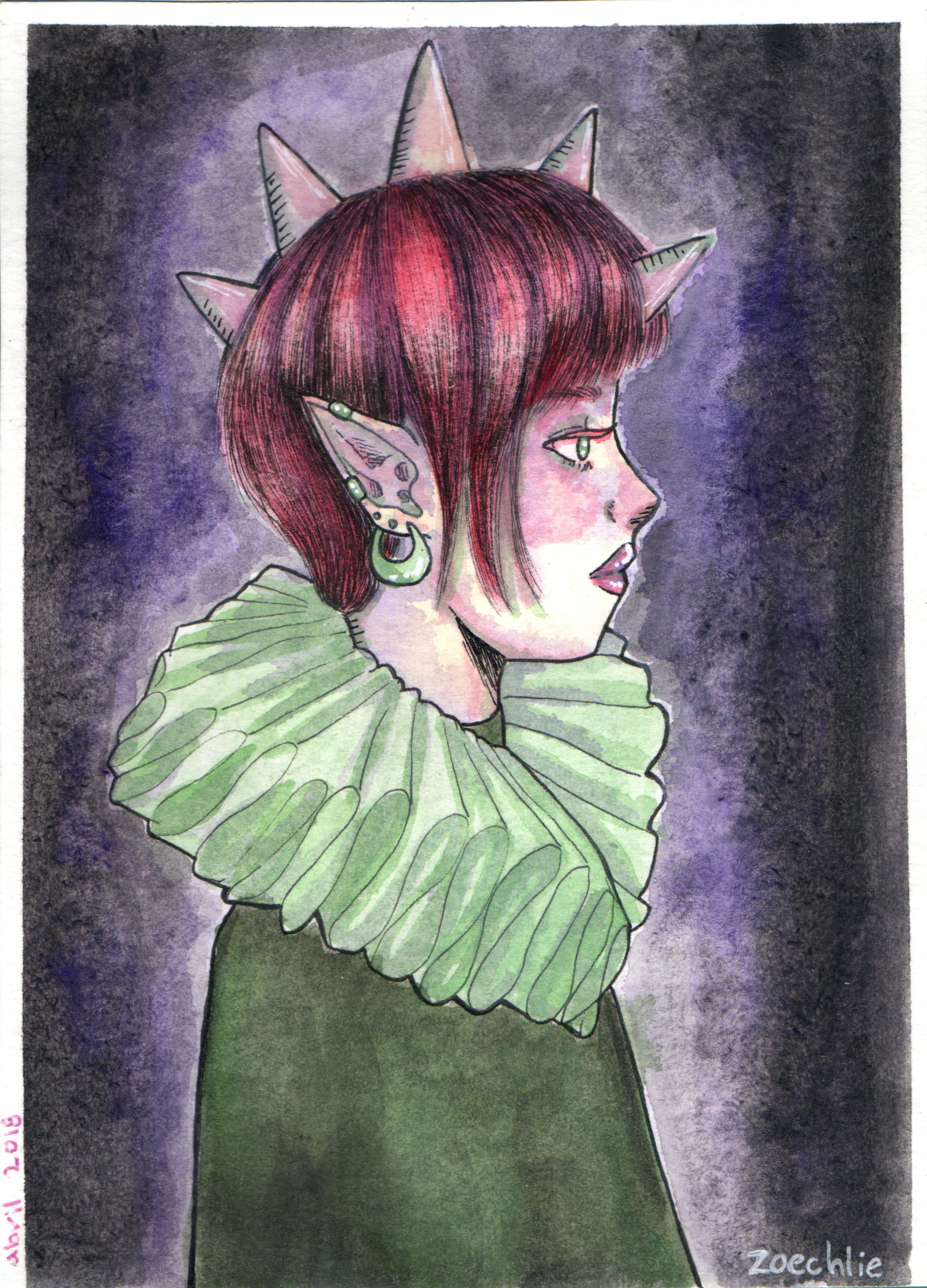 A watercolor painting of a woman with short red hair and green eyes, wearing green earrings and a green top with a ruffled neckline. She has multiple unicorn-like horns on her head and elf-like pointed ears adorned with jewelry. The background is dar