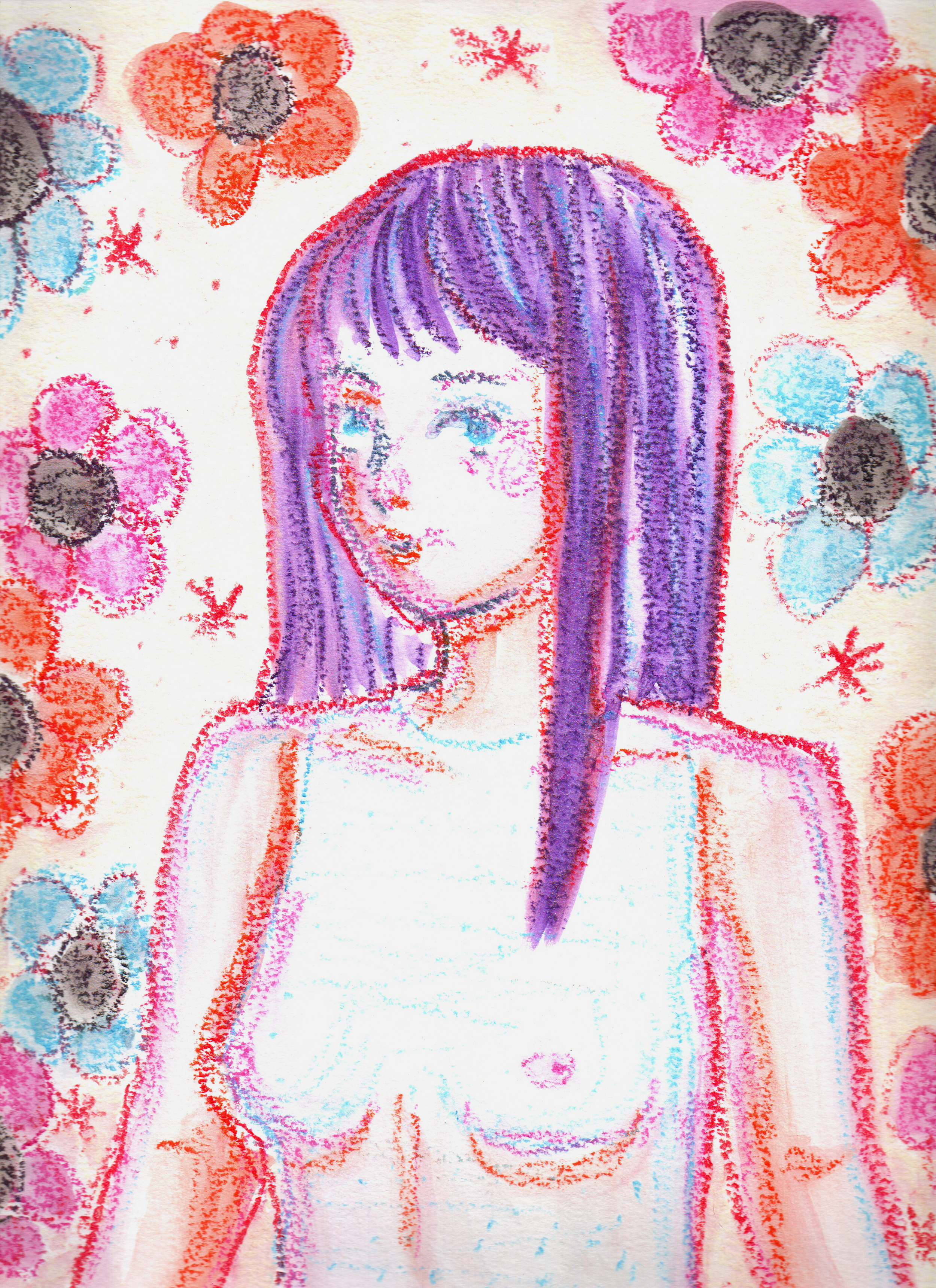 A colorful crayon drawing of a girl with long purple hair, surrounded by colorful flowers and shapes.