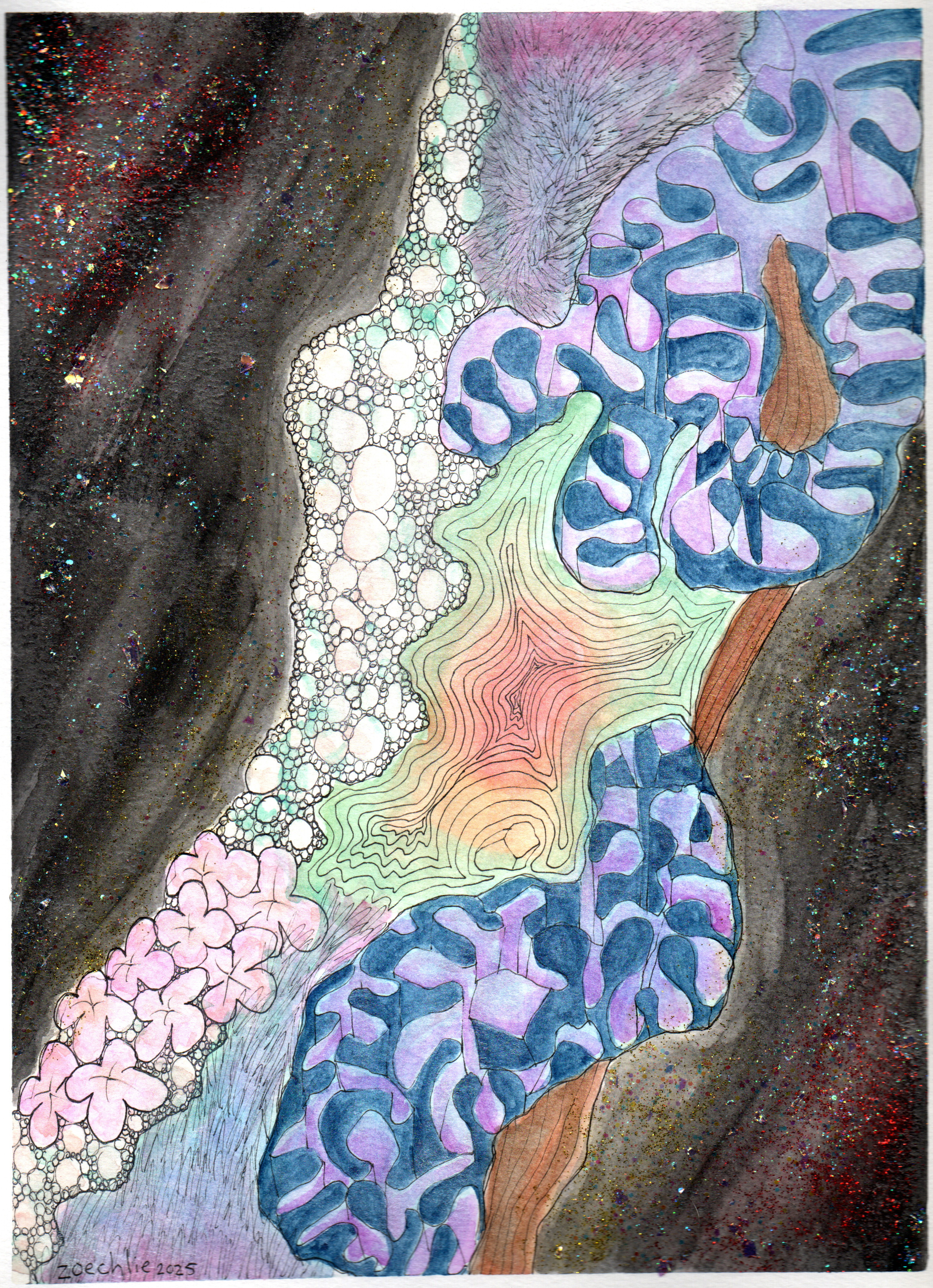 Abstract artwork featuring colorful patterns resembling cells, organic shapes, and a galaxy-like background with glitter, created with watercolors and ink.