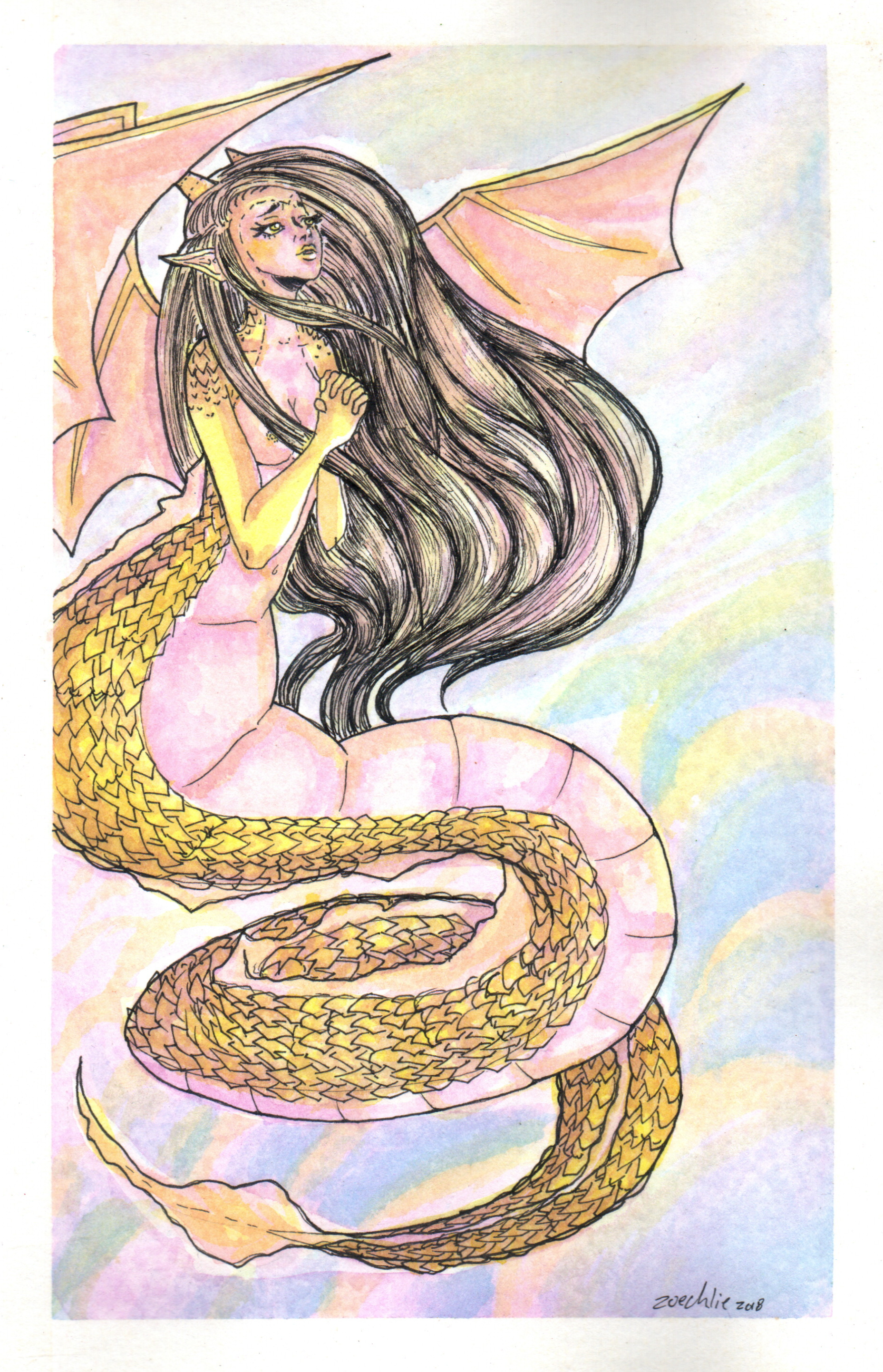 An illustrated fantasy scene of a mermaid with long flowing hair, fairy wings, and a snake tail, sitting against a pastel-colored background.