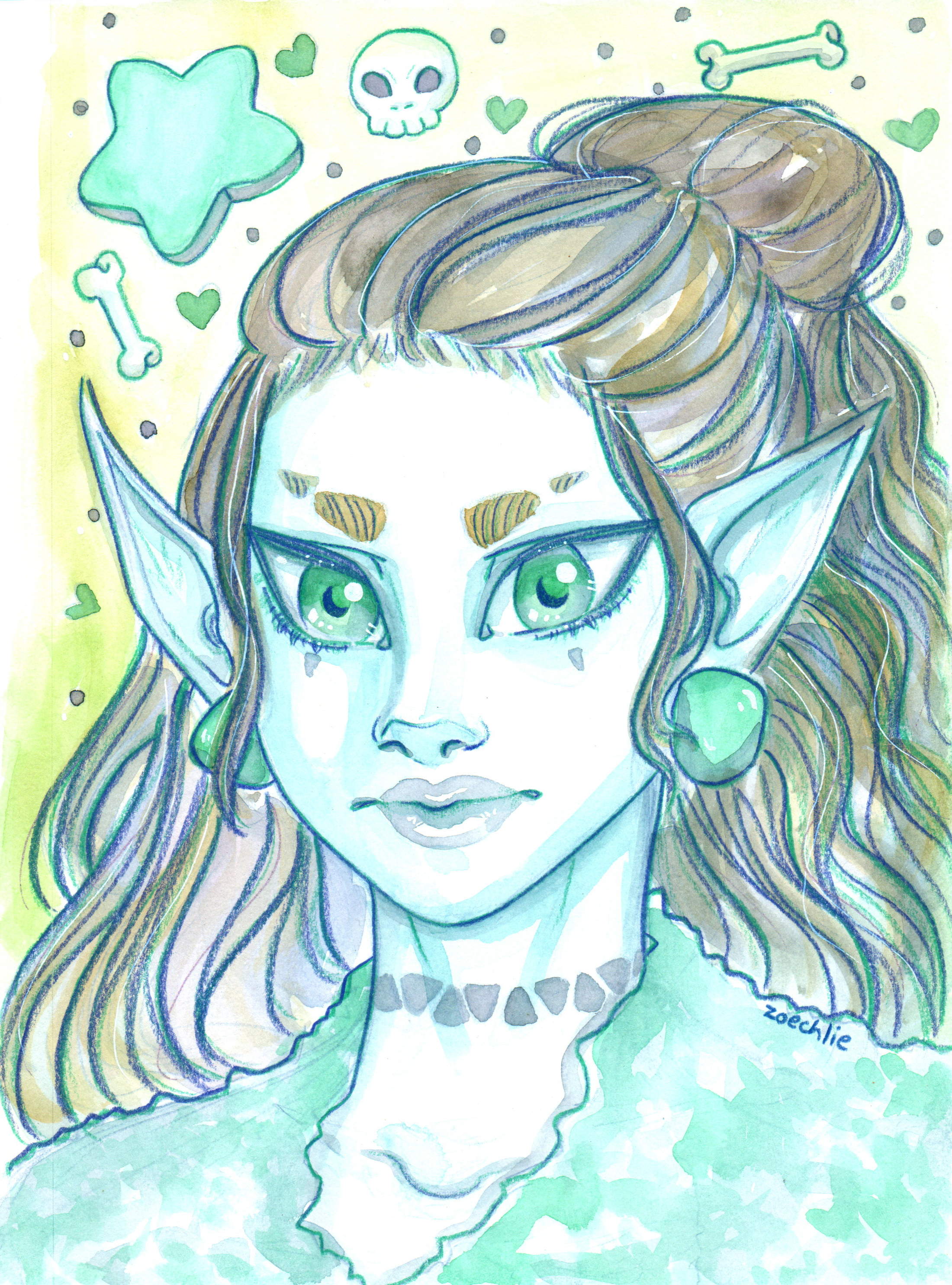 Watercolor illustration of a fantasy portrait of a woman with elven features, large green eyes, pointed ears, and long flowing hair. The background contains floating green hearts, a skull, a bone, and a green star, with a signature at the bottom righ
