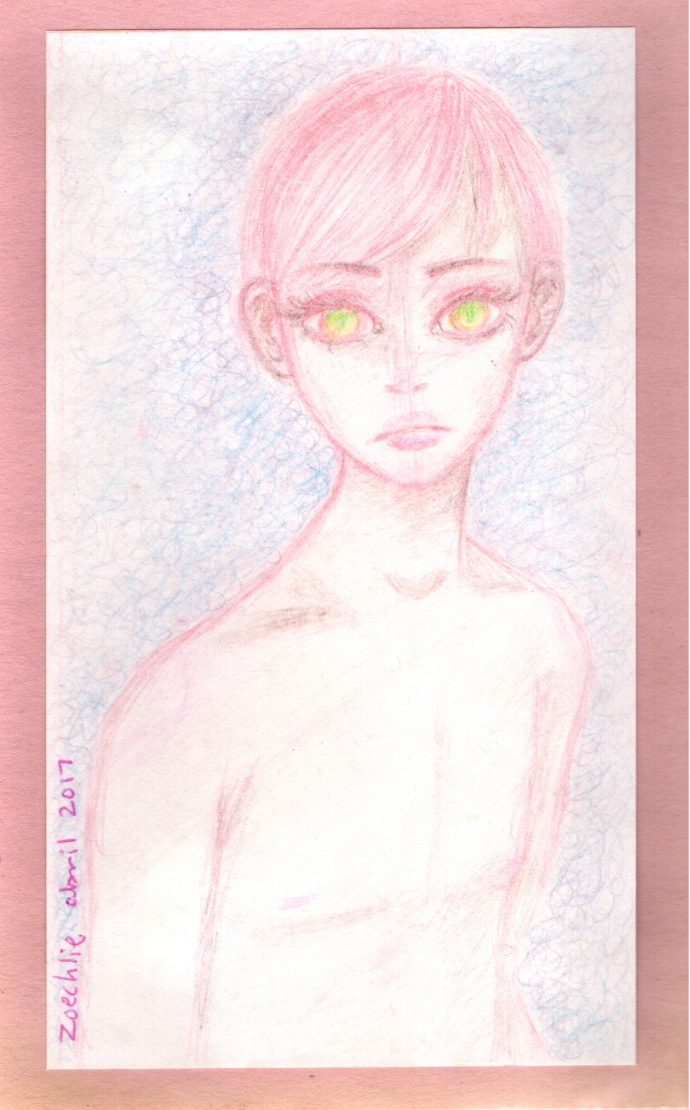A colored pencil drawing of a person with pink hair and glowing yellow-green eyes, with a plain expression and a background of light blue scribbles.