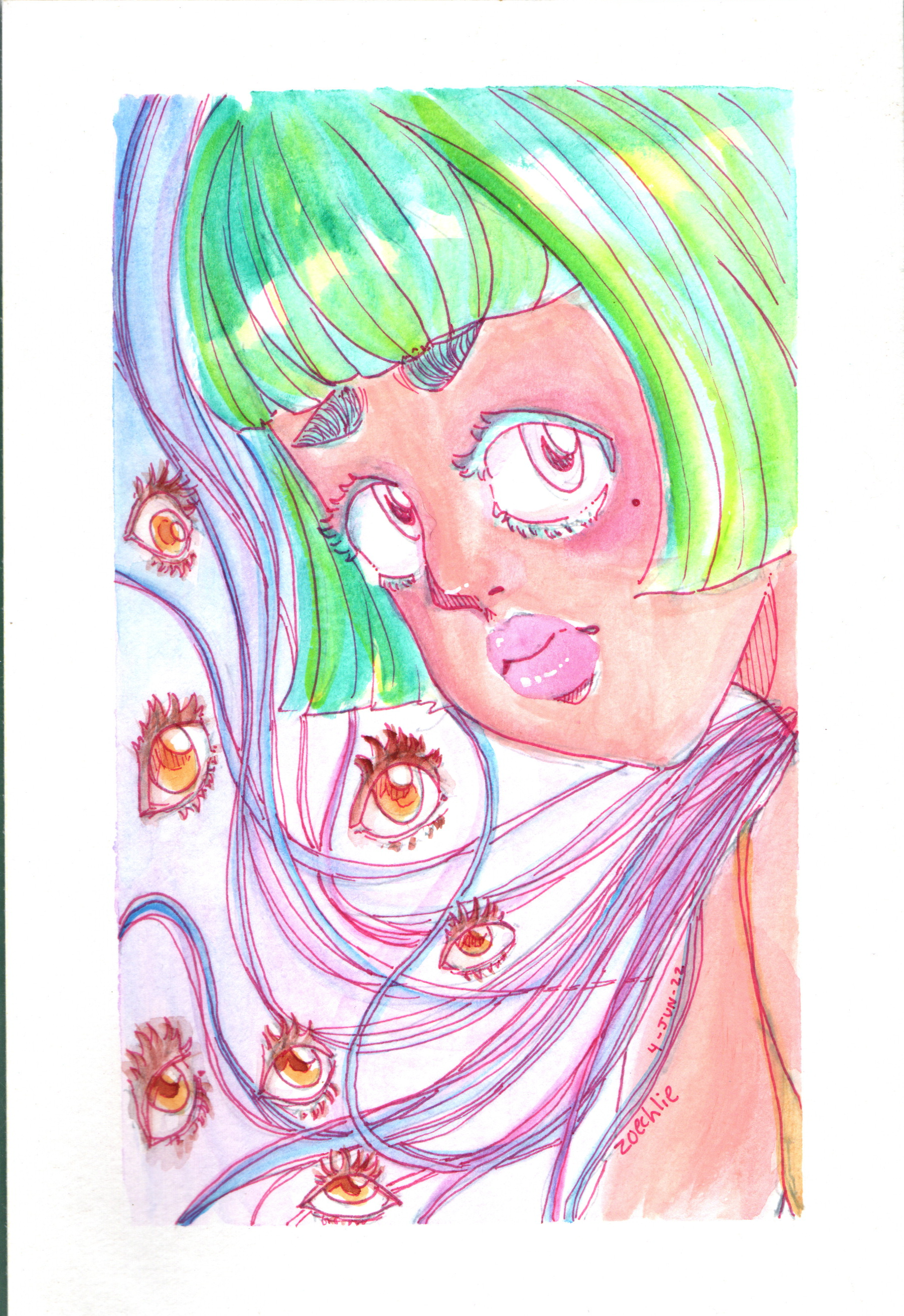 A colorful, stylized hand-drawn illustration of a young woman with green hair, large expressive eyes, and pink lipstick, surrounded by multiple yellow eyes with orange irises and black pupils. The drawing features vibrant colors, loose linework, and 