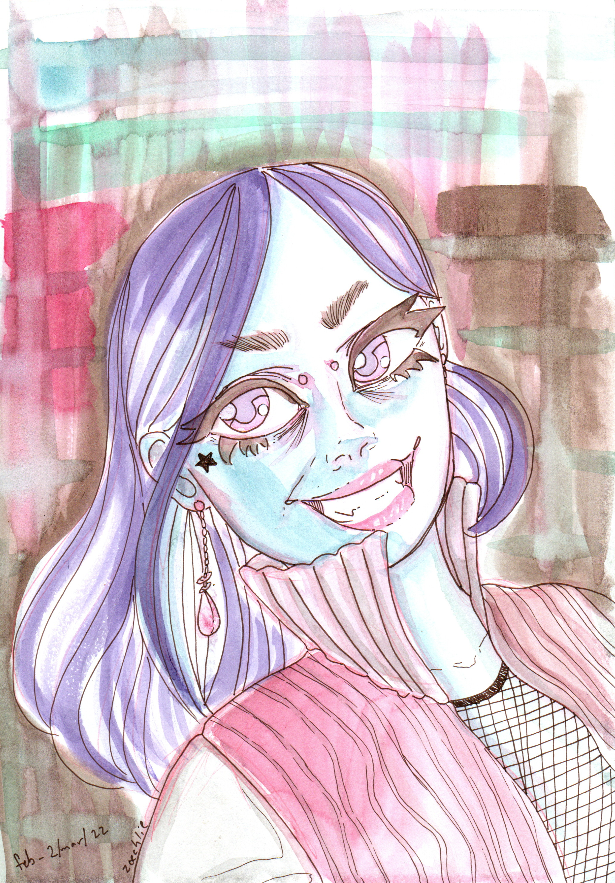 Watercolor illustration of a smiling woman with long purple hair, wearing earrings, a star tattoo near her eye, a red and black striped sweater, and fishnet stockings.