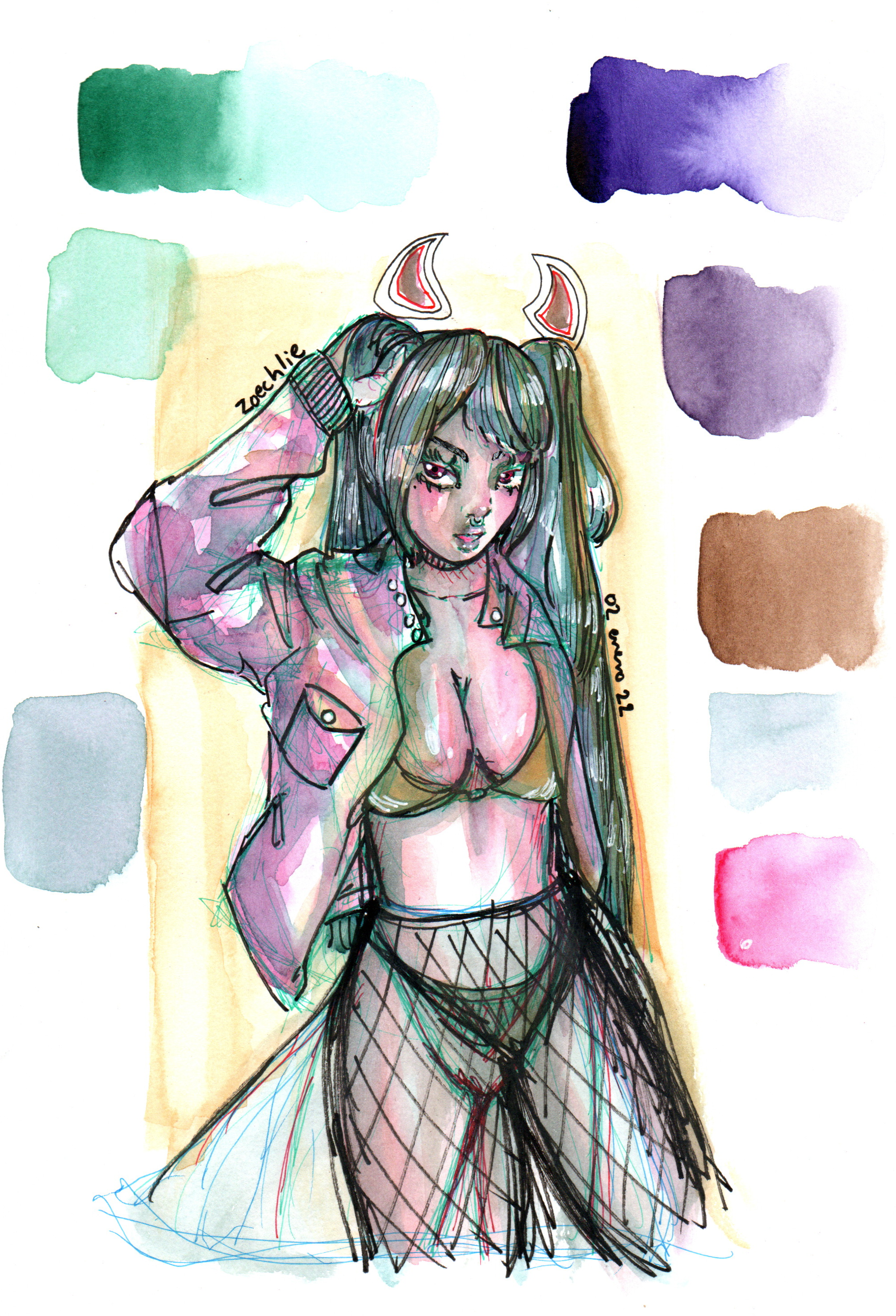 A hand-drawn portrait of a woman with long hair, fishnet stockings, and devil horns, surrounded by watercolor swatches in green, blue, purple, brown, and pink colors.