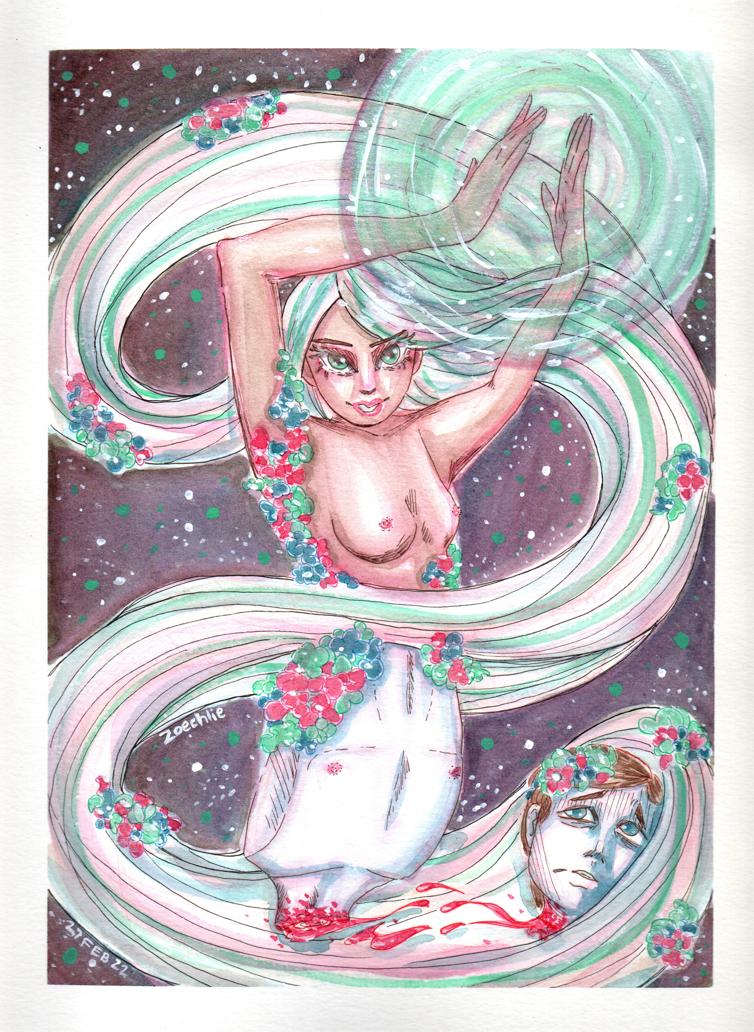 Colorful illustration of a woman with flowing hair, surrounded by cosmic elements, with her arms raised above her head, and a detailed face with piercing eyes, wearing floral jewelry, with another face depicted at the bottom.
